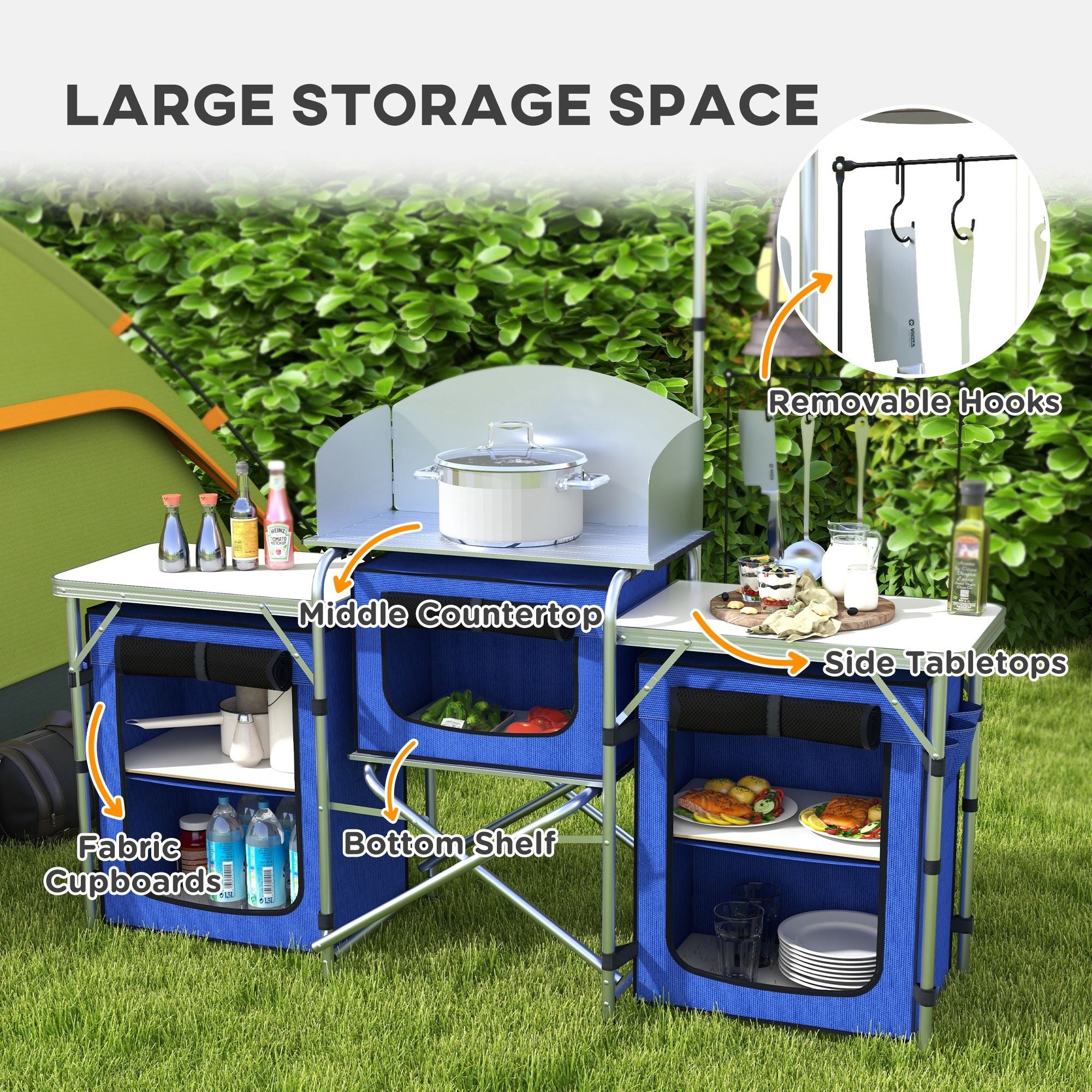 Aluminum Camping Kitchen, Portable Folding Camping Table with Fabric Cupboards, Windshield, Bag for BBQ, Picnic, Blue