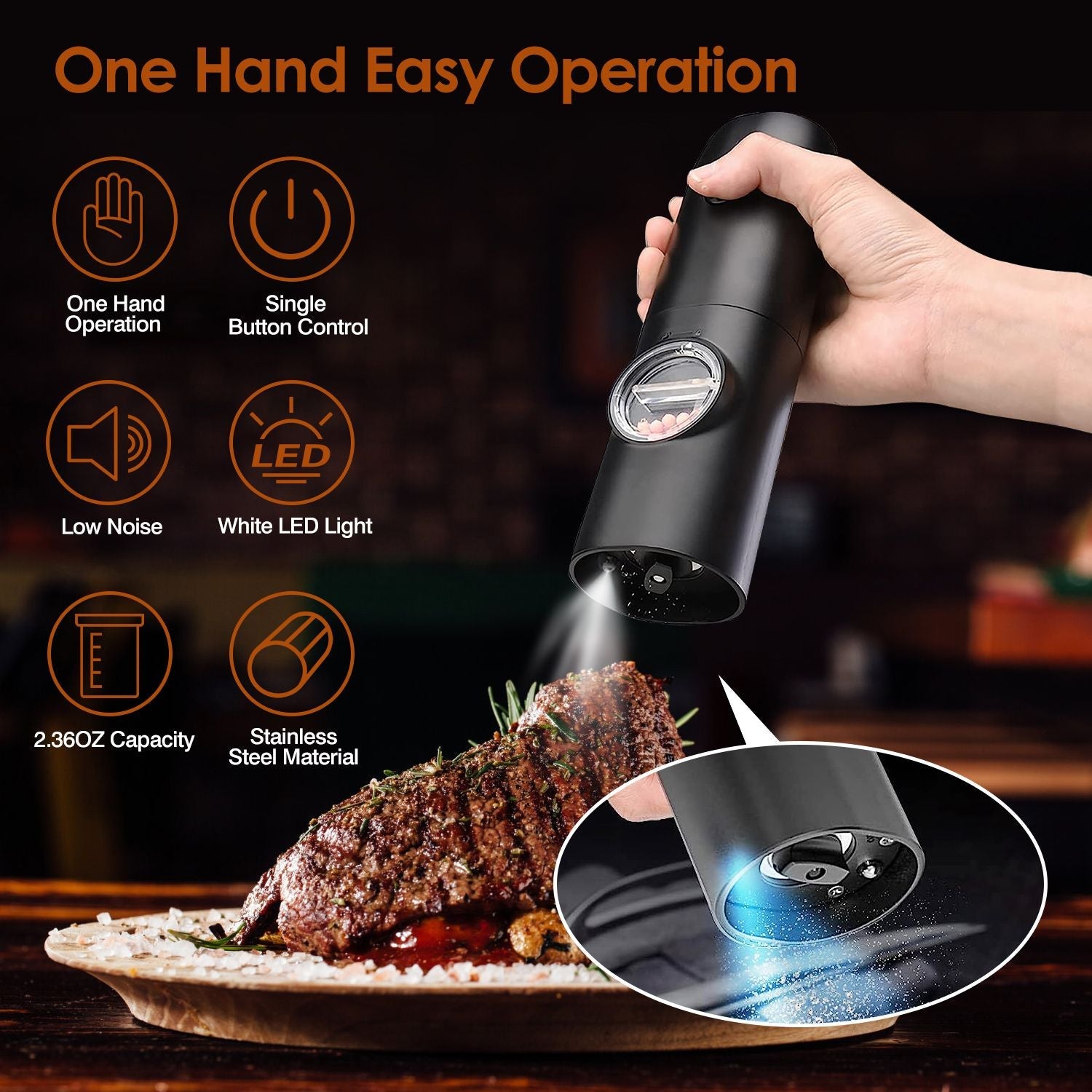 Electric Salt and Pepper Grinder Rechargeable Charging Base Automatic Salt Mill LED Indicator Adjustable Coarseness One Hand Easy Operation
