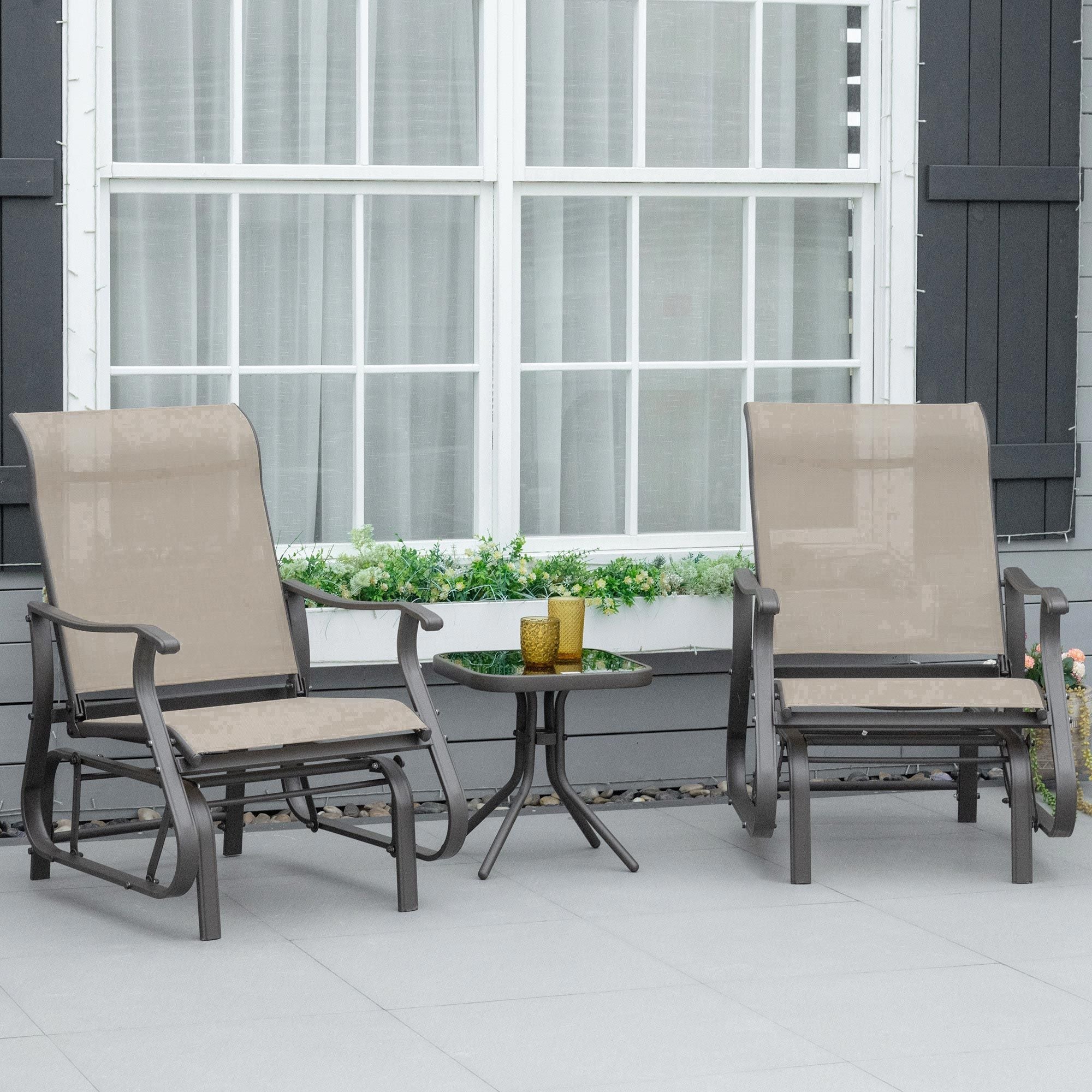 Outsunny 3-Piece Gliding Chair & Tea Table Set, Outdoor 2 Rocker Seats with Steel Frame, Tempered Glass Tabletop, Garden Patio Furniture, Grey