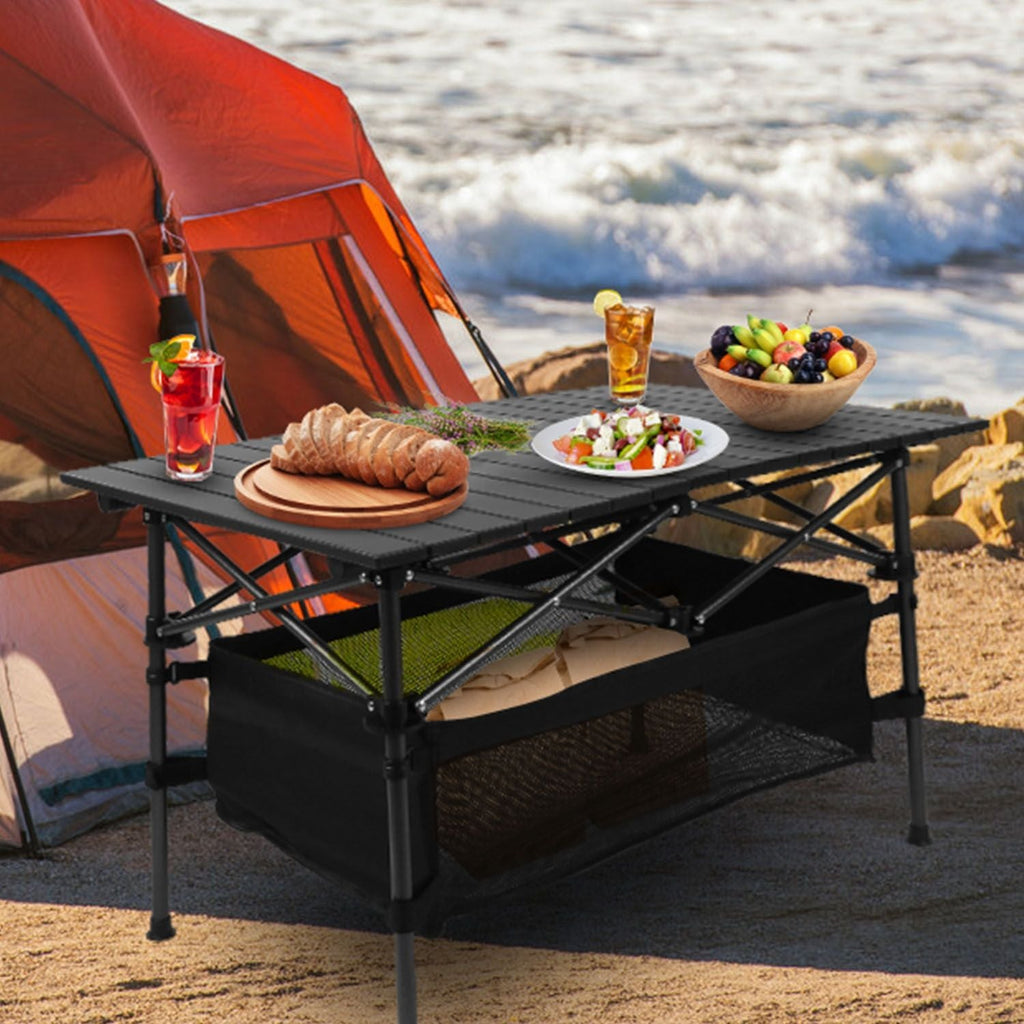220 lb Capacity Foldable Camping Table | Aluminum Top & Steel Frame with Mesh Basket | Portable BBQ/Picnic/Beach Table Includes Carry Bag
