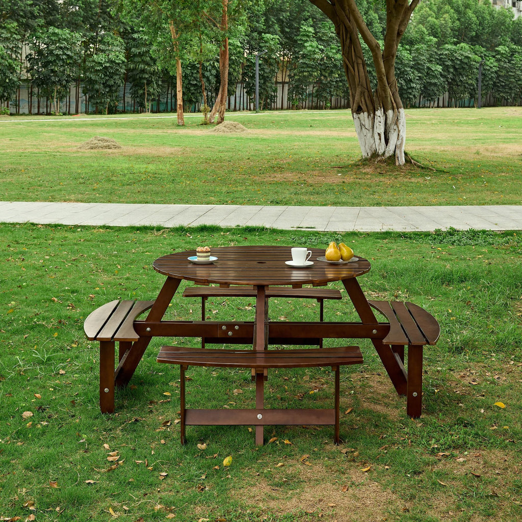 Outdoor 6 Person Picnic Table, 6 person Round Picnic Table with 3 Built-in Benches, Umbrella Hole, Outside Table and Bench Set for Garden, Backyard, Porch, Patio, Natural