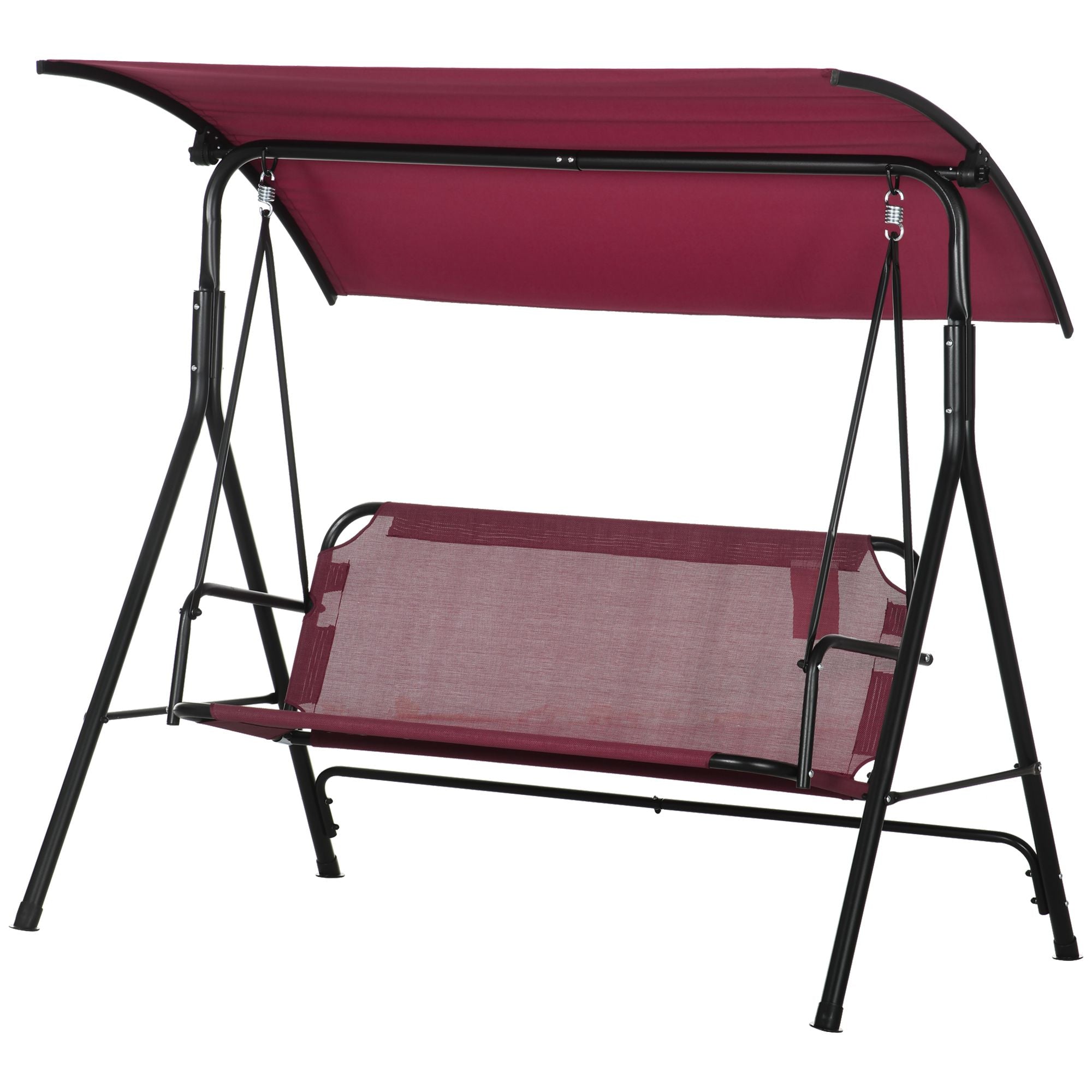 Outsunny 3-Person Porch Swing with Stand, Outdoor Swing for Patio Porch with Adjustable Tilt Canopy and Comfortable Swing Bench-Style Seat, Steel Frame, Wine Red