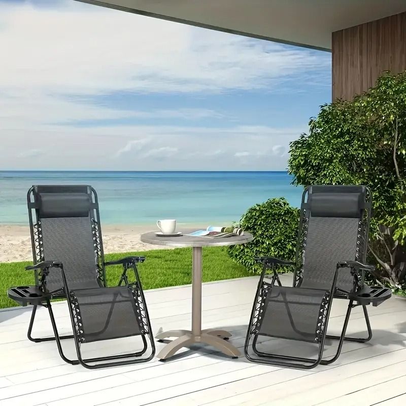 Portable Reclining Lounge Chair for Beach Camping Patio Outdoor Folding Relaxation Chair with Cup Tray and Adjustable Pillow for Poolside Garden Lawn Use