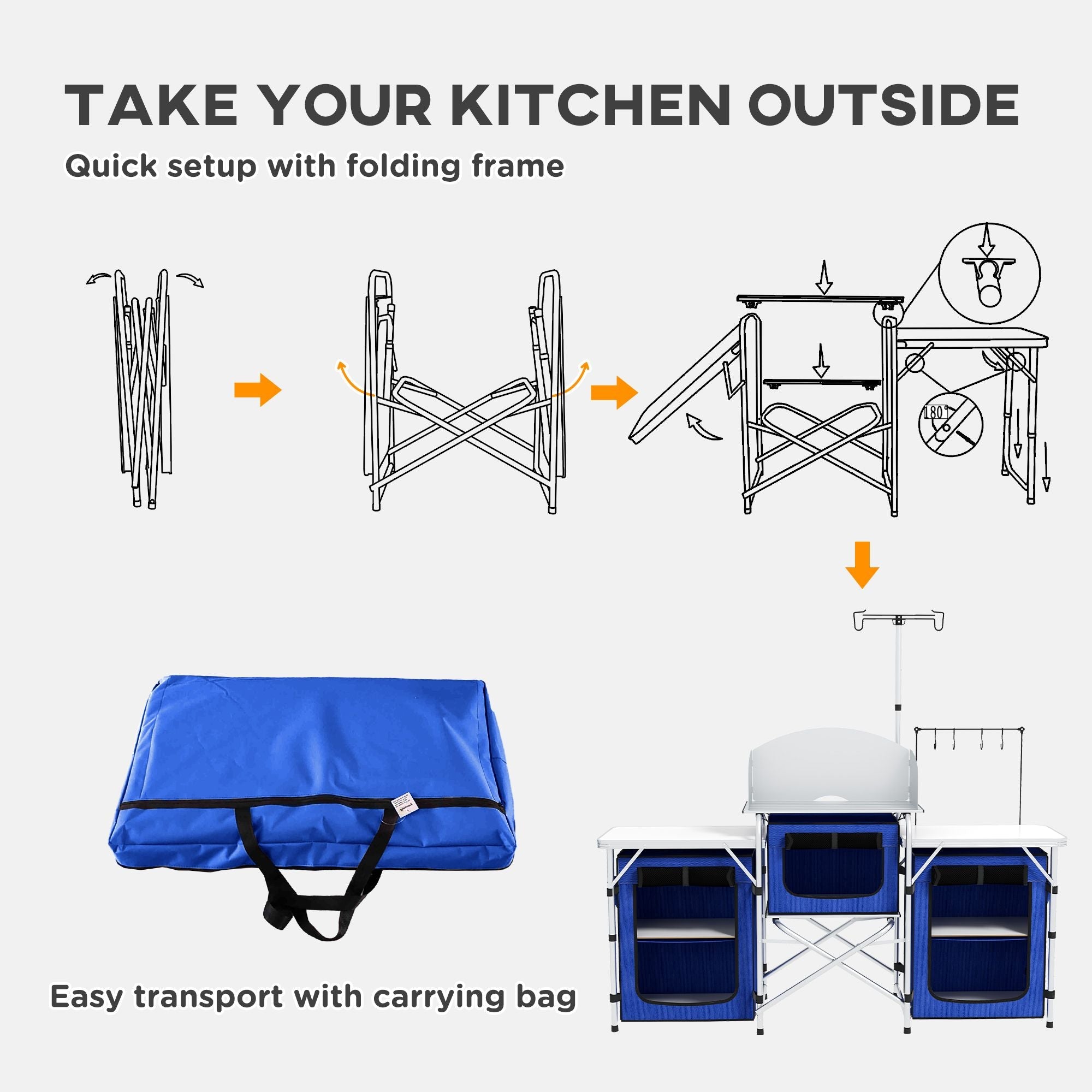 Aluminum Camping Kitchen, Portable Folding Camping Table with Fabric Cupboards, Windshield, Bag for BBQ, Picnic, Blue