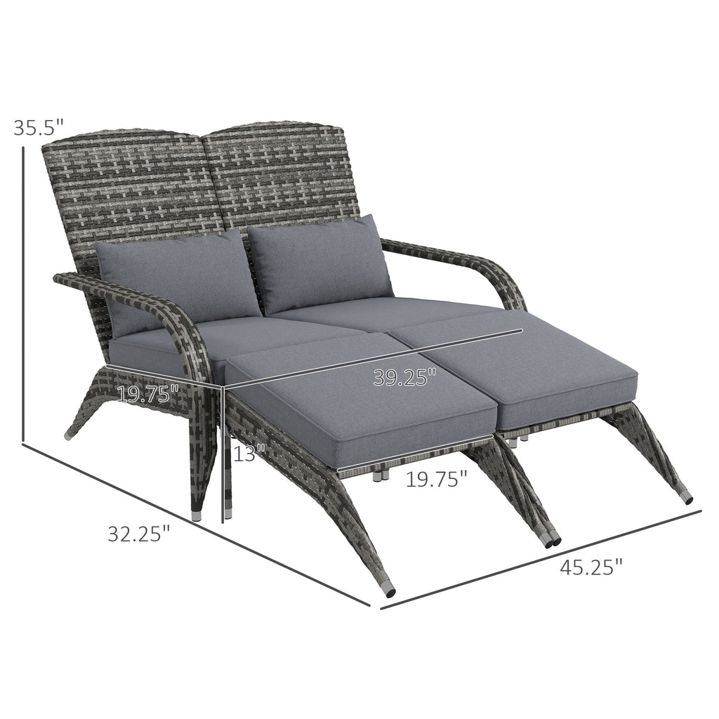 Outsunny Wicker Adirondack Chair for 2 with Cushions & Footrests, PE Rattan Double Chaise Lounge Chair, Fire Pit Chair for Porch with High-back, Wide Armrests, Mixed Gray
