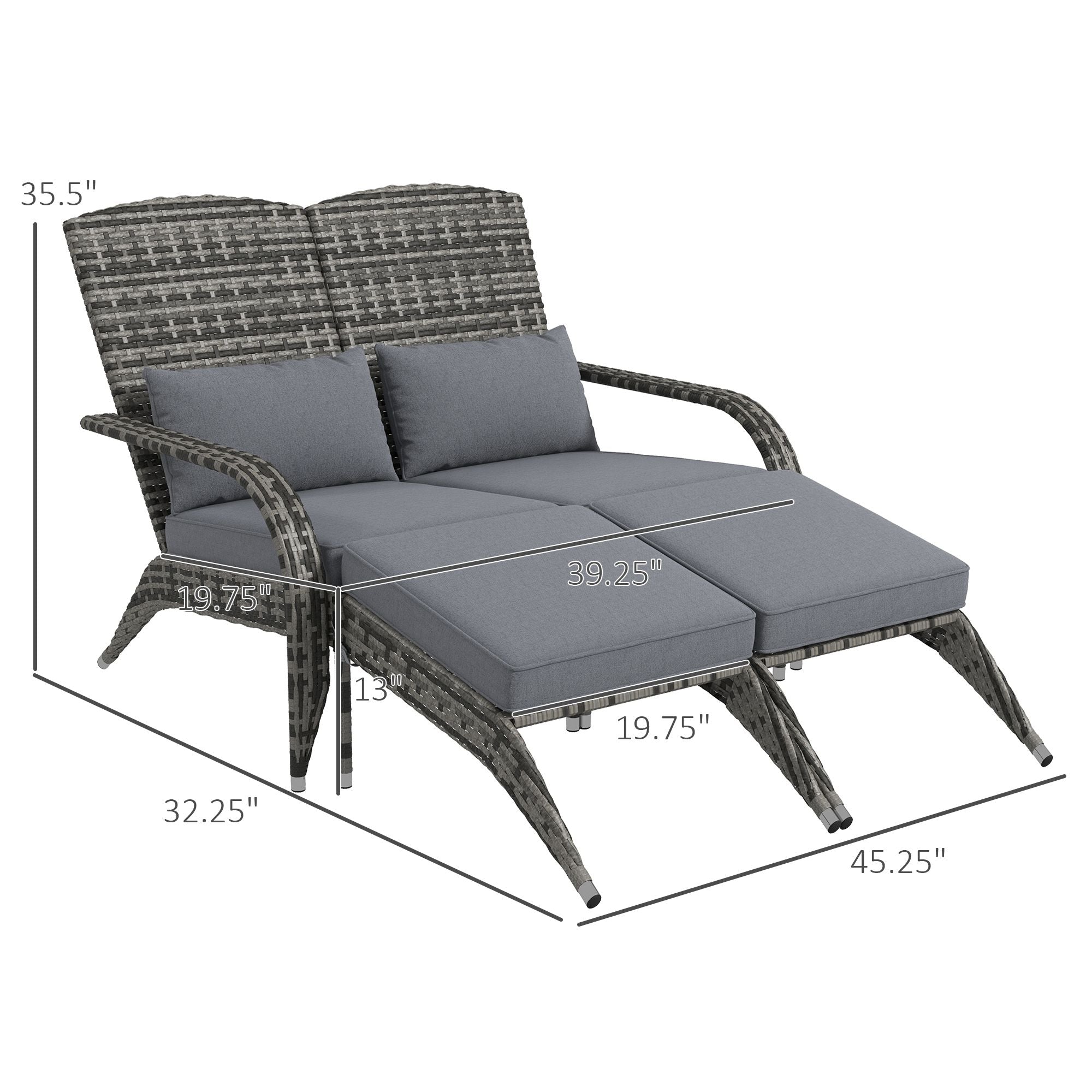 Outsunny Wicker Adirondack Chair for 2 with Cushions & Footrests, PE Rattan Double Chaise Lounge Chair, Fire Pit Chair for Porch with High-back, Wide Armrests, Mixed Gray