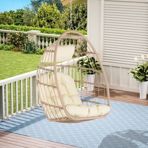 Outdoor Garden Egg-Shaped Wicker Hanging Chair, Wood Frame with Khaki Cushion, Patio Swing Chair for Porch, Balcony, Backyard, Indoor/Outdoor Use, Comfortable and Stylish Lounger Seat
