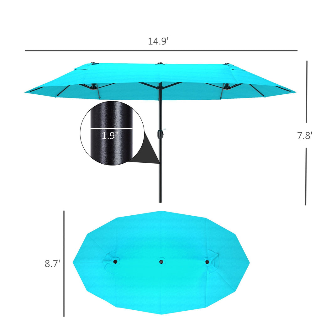 Outsunny Patio Umbrella 15ft Double-Sided Outdoor Market Extra Large Umbrella with Crank Handle for Backyard, Blue
