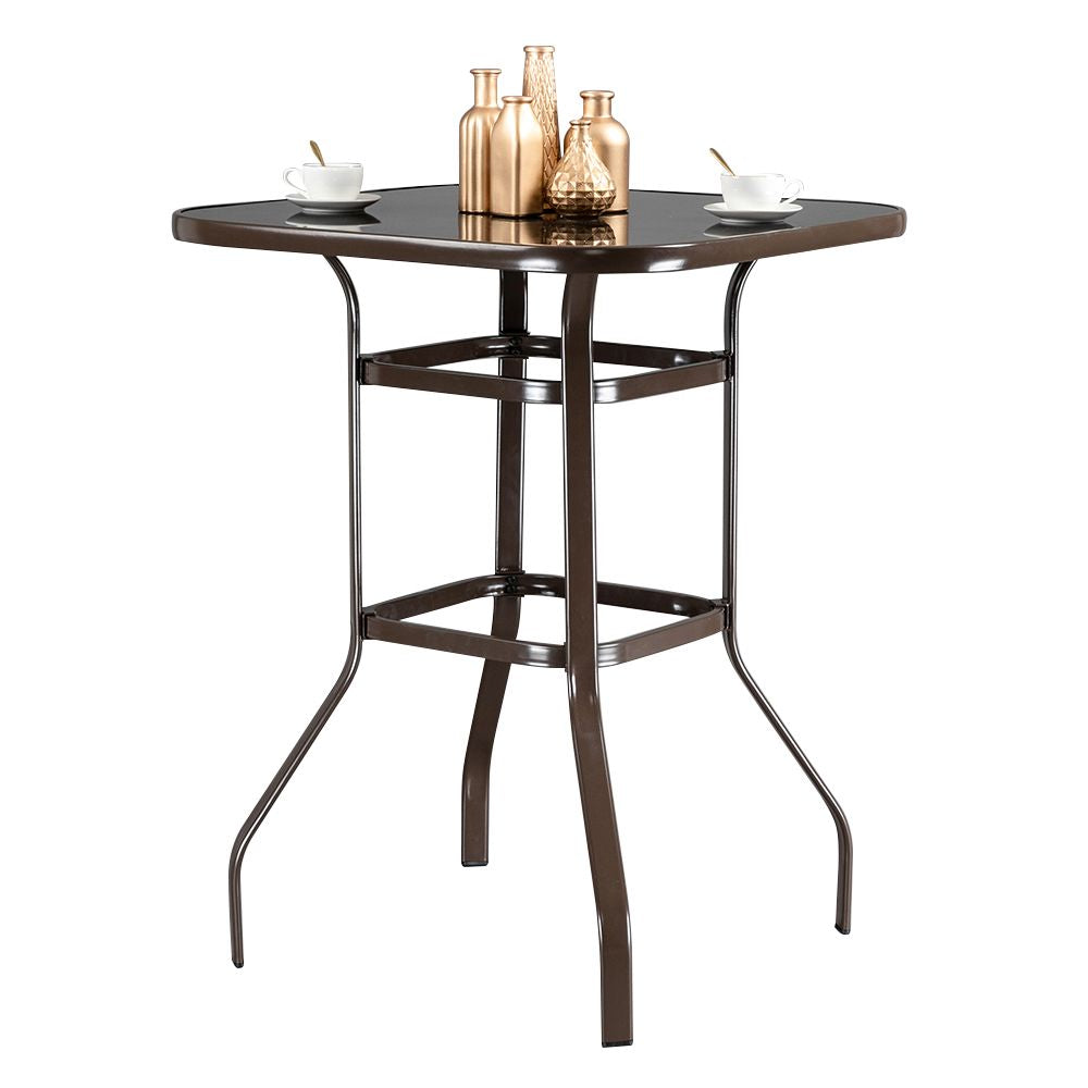 Wrought Iron Glass High Bar Table Patio Bar Table Brown