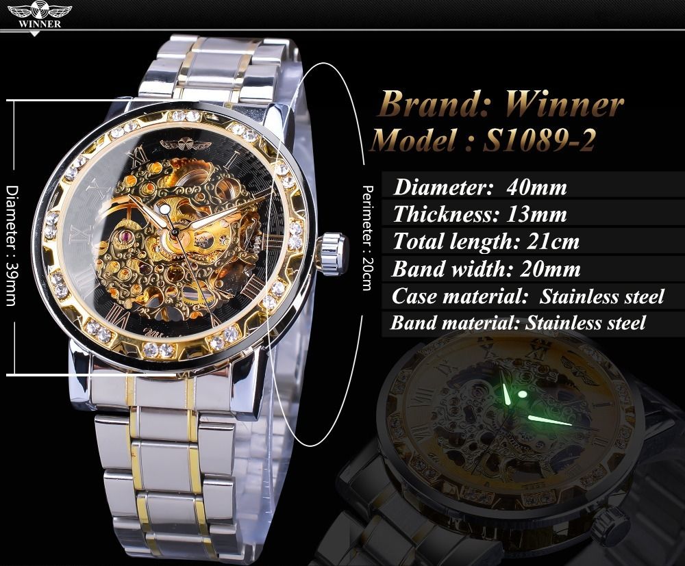 Watch men's fashion casual classic popular skeleton rhinestone manual mechanical watch