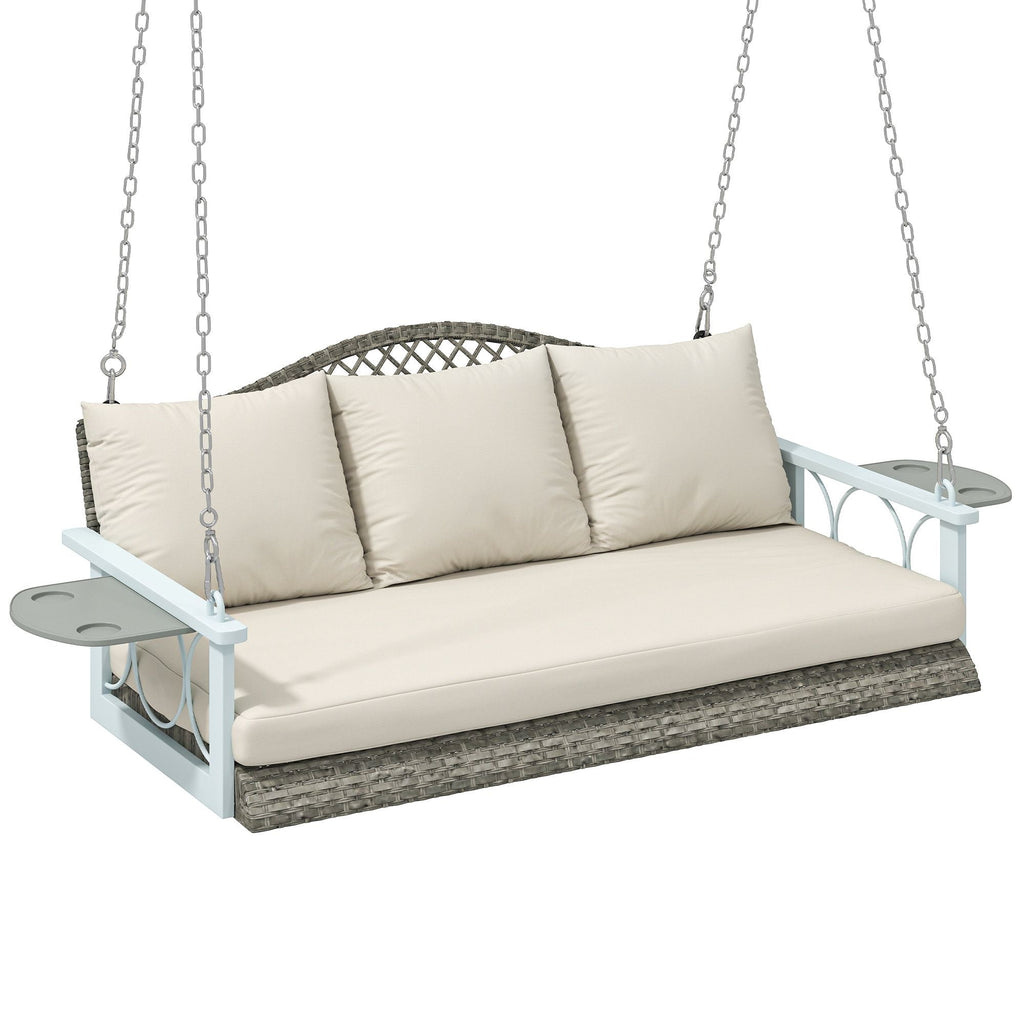 Outsunny 3 Person Wicker Hanging Outdoor Patio Porch Swing Bench with Cup Holders, Cushions, and Chains, Natural