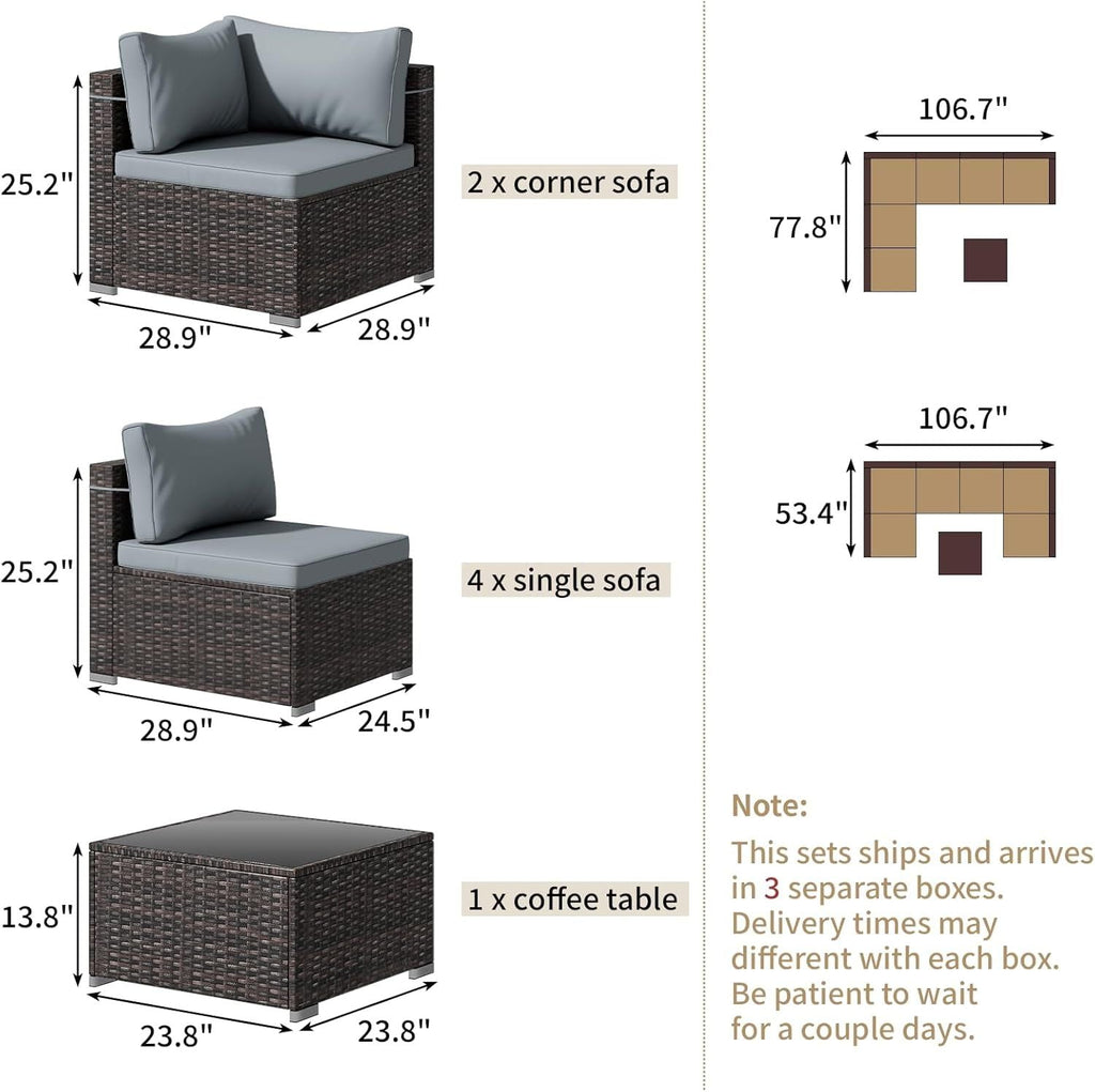 7 Pieces Outdoor Patio Furniture Set, Wicker Patio Conversation Sectional Sofa Set, All Weather PE Rattan Sofa with Glass Table and Cushions