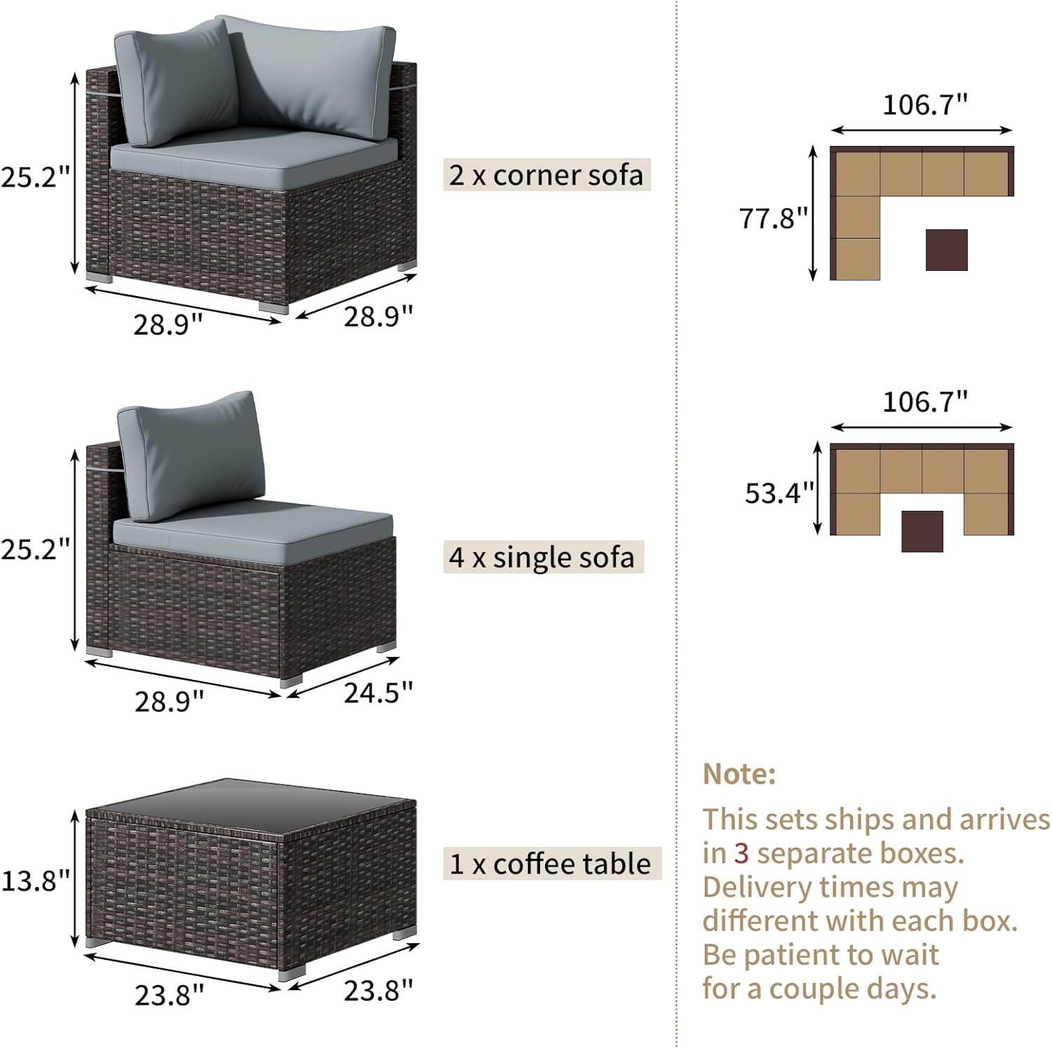 7 Pieces Outdoor Patio Furniture Set, Wicker Patio Conversation Sectional Sofa Set, All Weather PE Rattan Sofa with Glass Table and Cushions