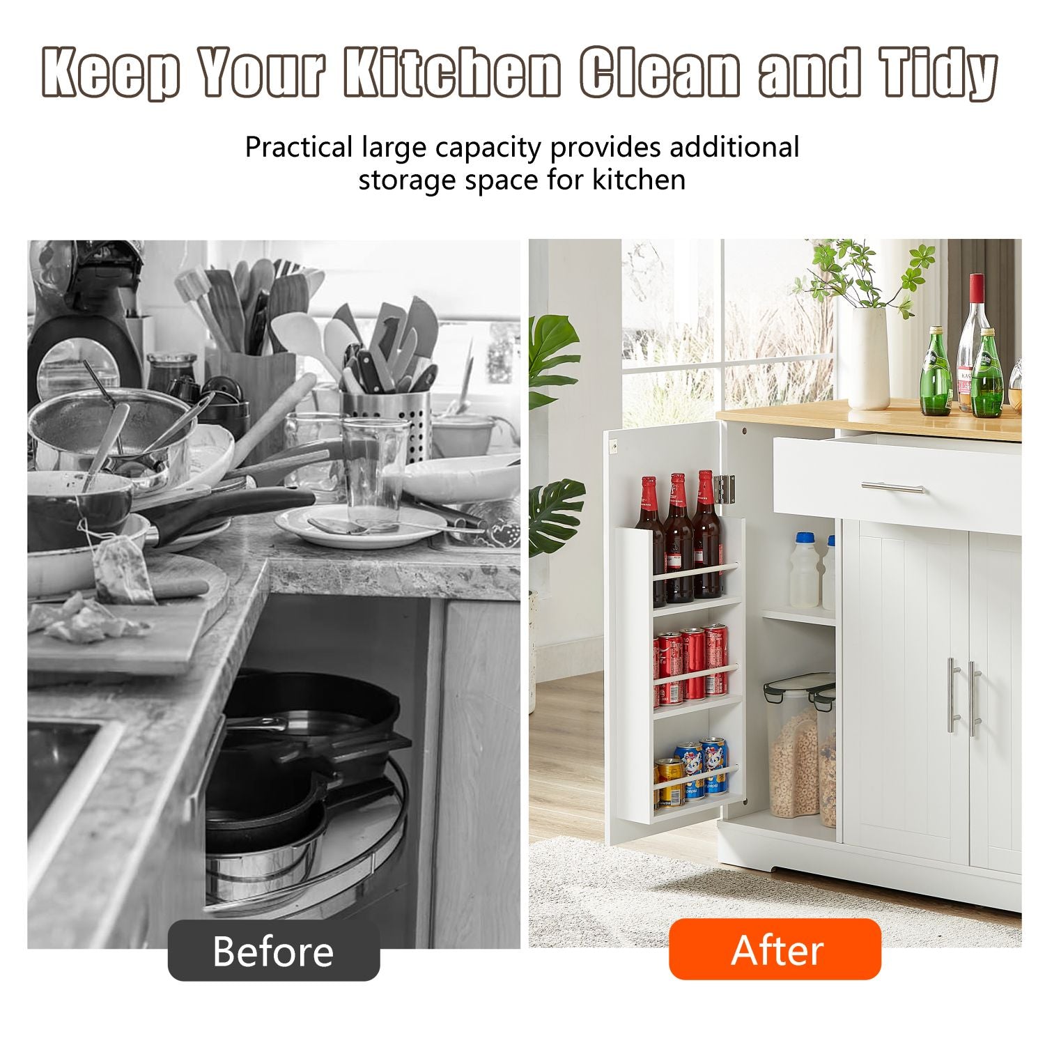 53'' Kitchen Storage Islands with Drawers and Trash Can Storage for Kitchen & Dining. Modern Farmhouse Design, White, 53.2"W x 20.9"D x 38.0"H.