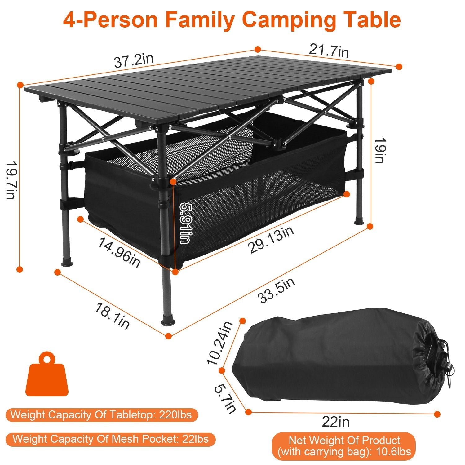 220 lb Capacity Foldable Camping Table | Aluminum Top & Steel Frame with Mesh Basket | Portable BBQ/Picnic/Beach Table Includes Carry Bag