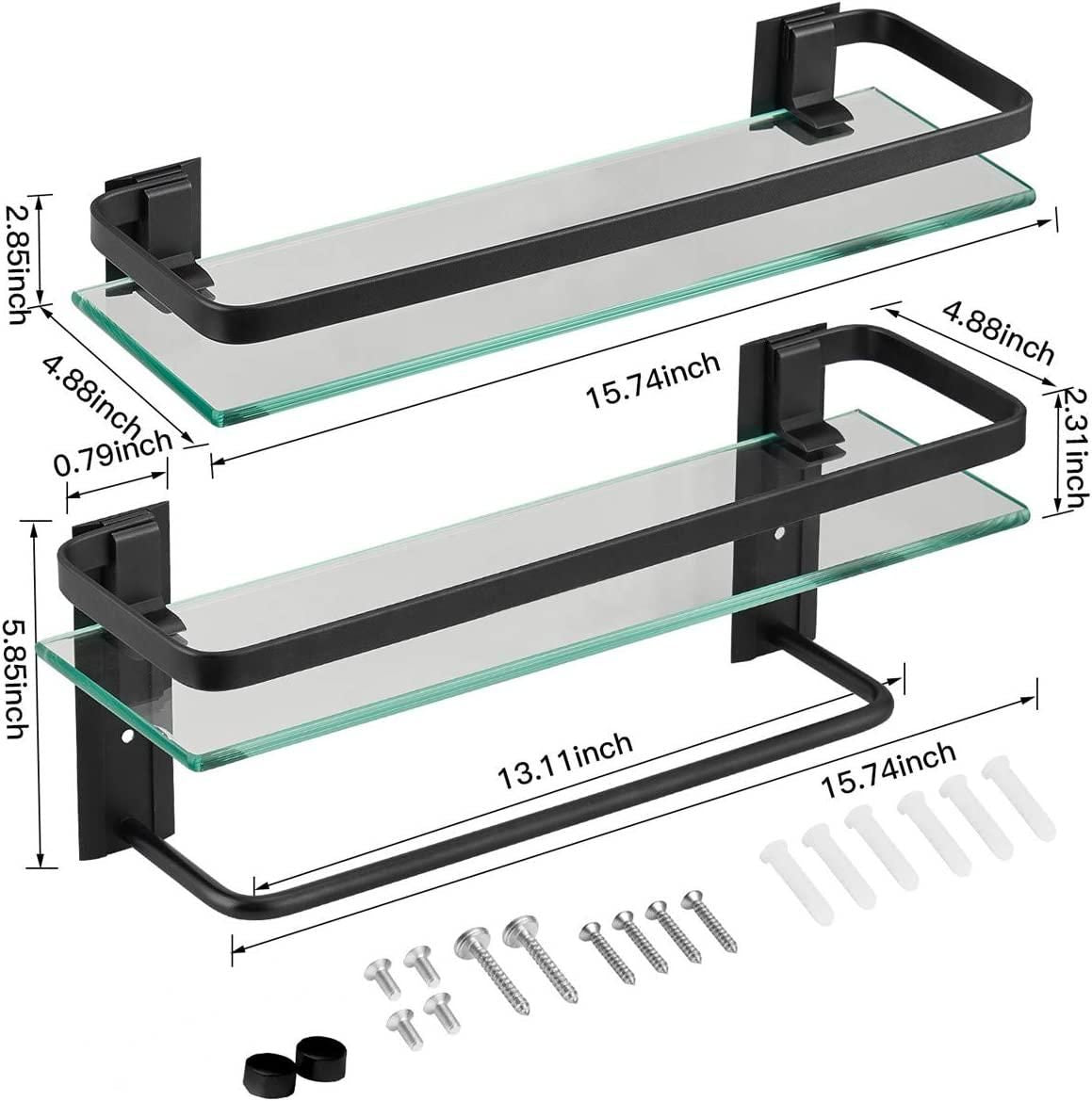 Glass Bathroom Shelf 15.7in Bathroom Shelf Wall Mounted Floating Glass Shelves with Towel Holder Glass Shower Shelf 2 Tier