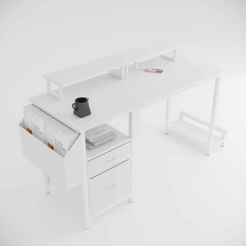 47"office desk with power outlet,2 Monitor Stands,2 drawers,Side Pocket,Easy to Assemble,Frame stability Reversible,use for home desk, computer desk, game table,White