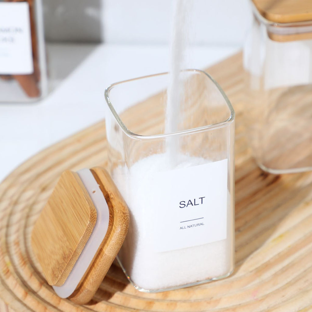 High Borosilicate Glass Spice Jar with Label and Bamboo Lid (24 x 8 Ounces), Spice Container with 72 Printed Labels and 20 Handwritten Labels, Empty Square Seasoning