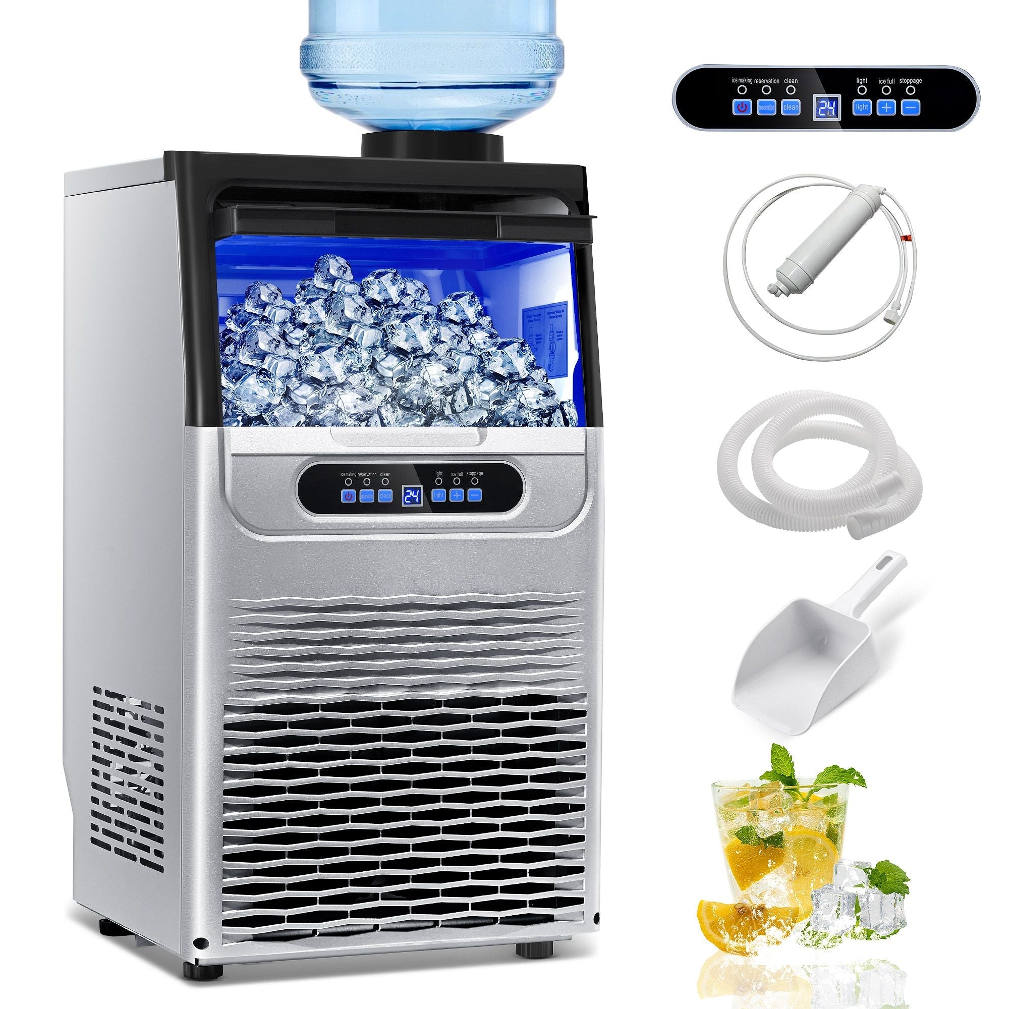 Commercial Ice Maker Machine, 80-110LBS/24H Under Counter Ice Maker, Stainless Steel Freestanding Ice Machine,Self-Cleaning, 2 Water Inlet Modes,Ideal for Restaurant,Home,Bar