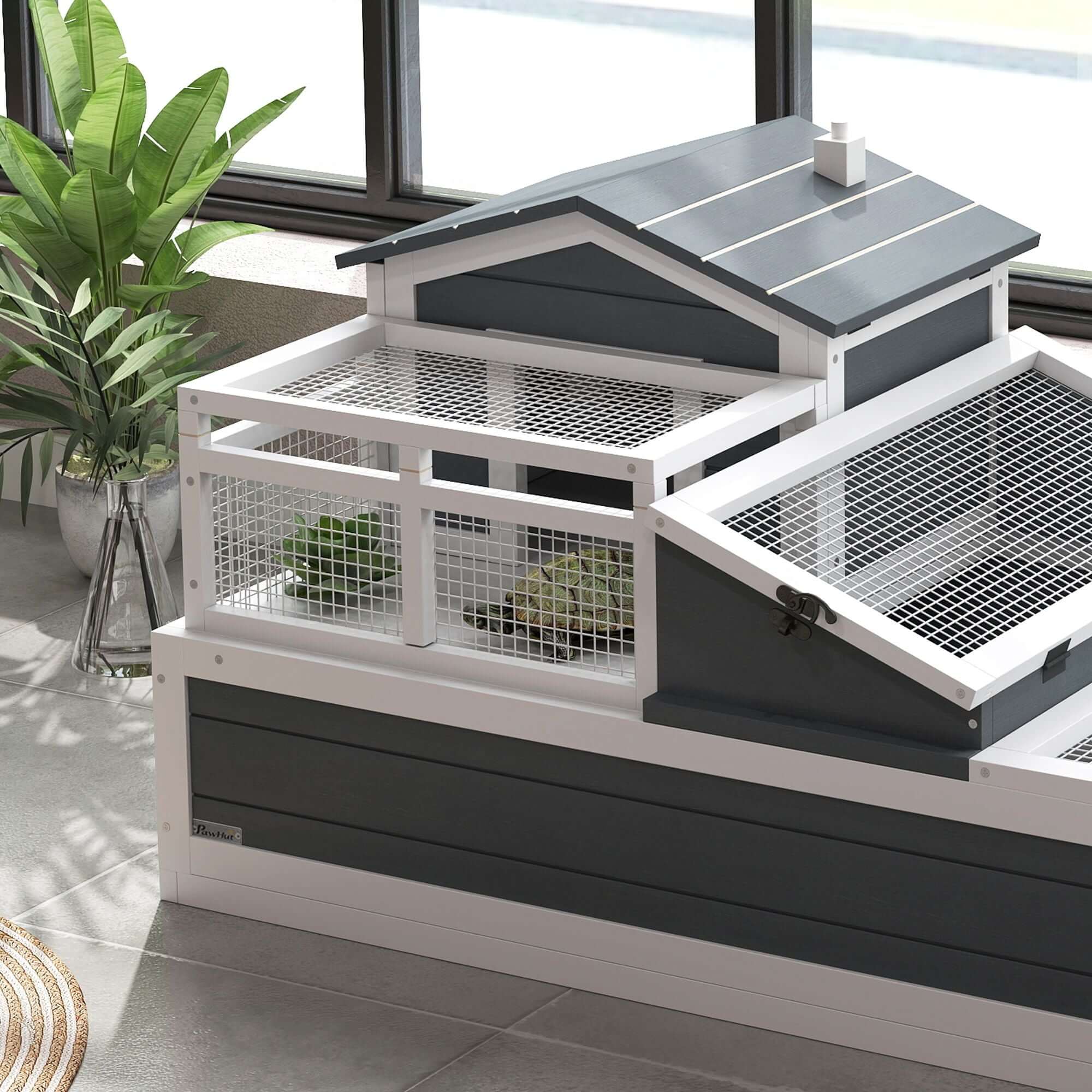 PawHut 3-Room Tortoise Habitat, Indoors & Outdoors Wooden Turtle Enclosure w/ Balcony & 2 Stories, 44" x 25.5" x 23", Gray