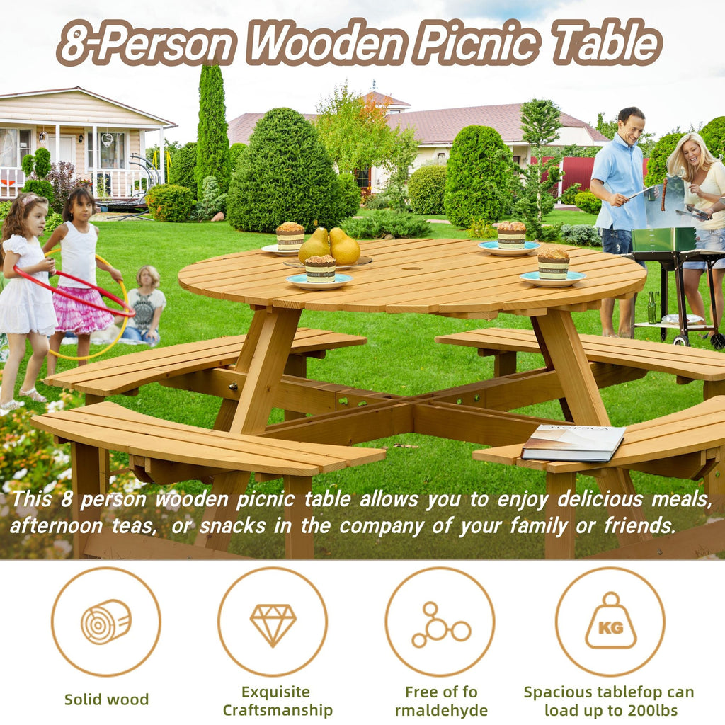 Outdoor 6 Person Picnic Table, 6 person Round Picnic Table with 3 Built-in Benches, Umbrella Hole, Outside Table and Bench Set for Garden, Backyard, Porch, Patio, Natural