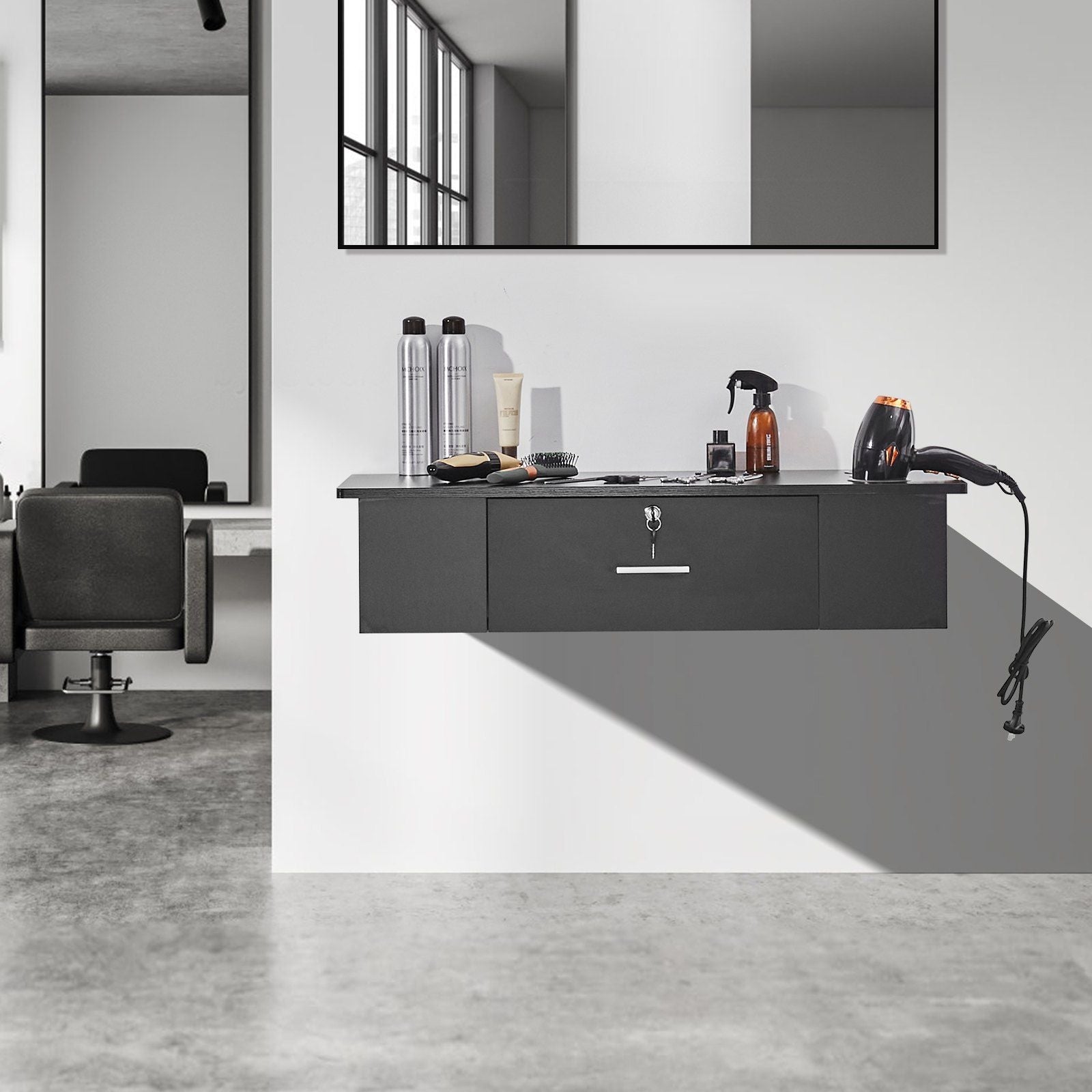 VEVOR Wall-Mounted Salon Workstation, Equipped with 3 Holders for Hair Dryers, Secure Drawer with Lock, Ideal for SPA, Hairdressing Salons, Home & Bathroom Use, in Sleek Black