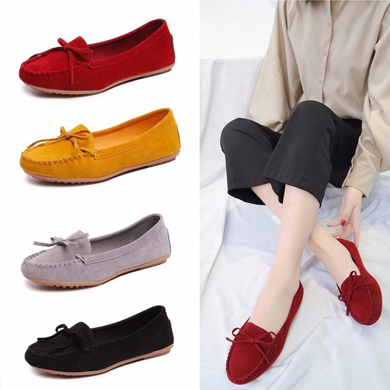 Women's Loafers Flat Shoes for Women Slip on Moccasions Casual Ballet Flats Bowtie Suede Female Shallow Ladies Shoe 2021