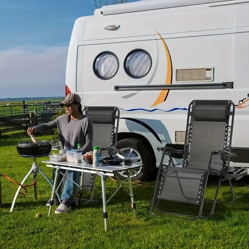 Portable Reclining Lounge Chair for Beach Camping Patio Outdoor Folding Relaxation Chair with Cup Tray and Adjustable Pillow for Poolside Garden Lawn Use