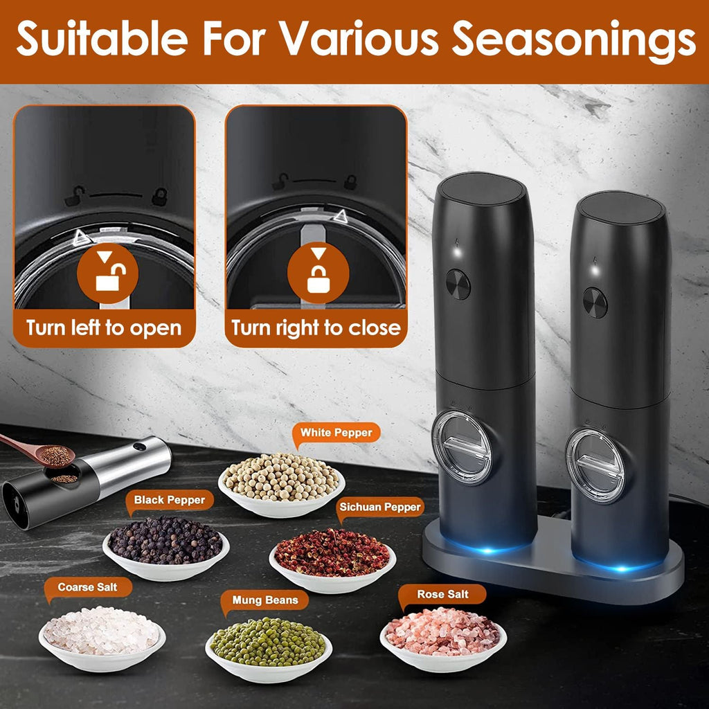 Electric Salt and Pepper Grinder Rechargeable Charging Base Automatic Salt Mill LED Indicator Adjustable Coarseness One Hand Easy Operation