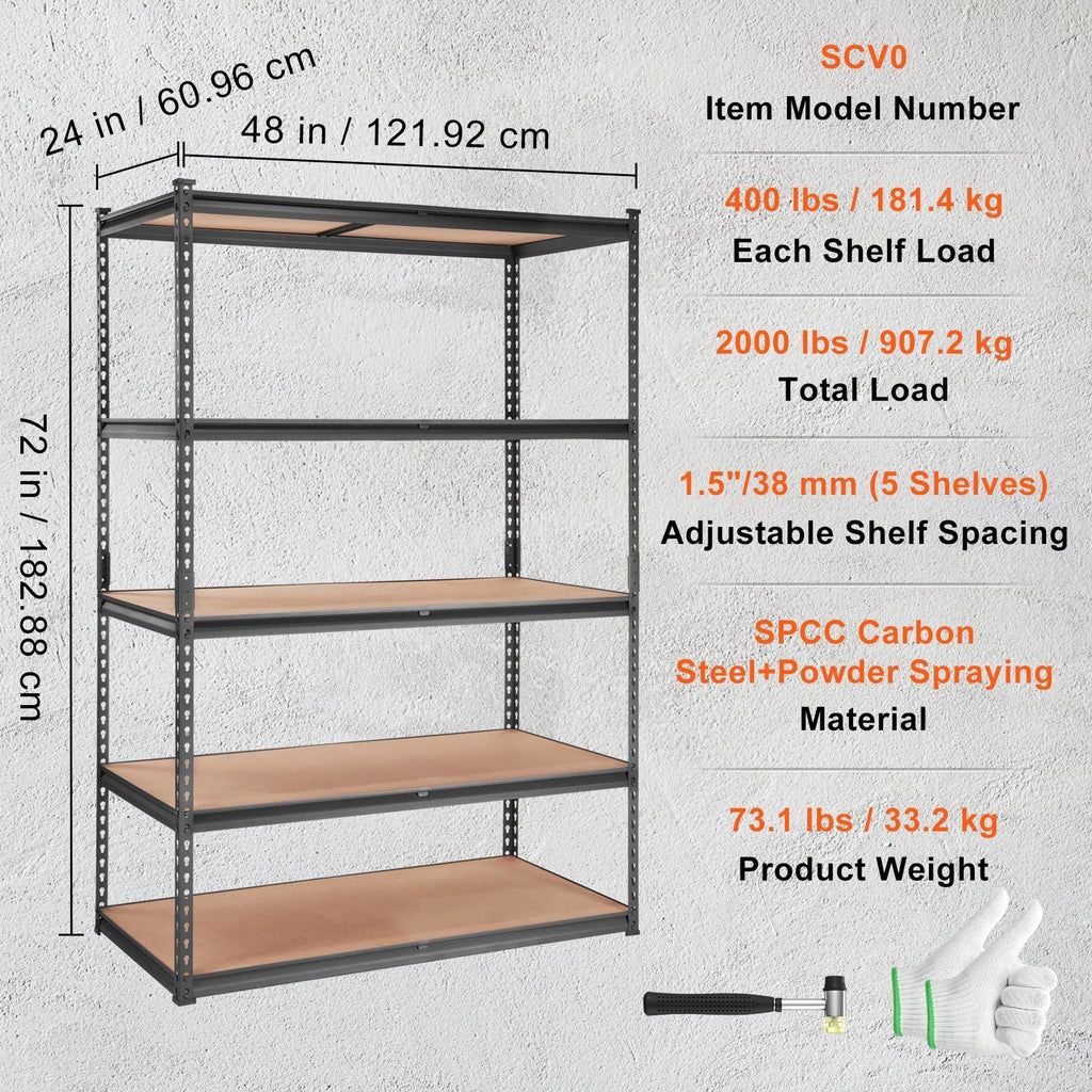 VEVOR Storage Shelving Unit, 5-Tier Adjustable, 2000 lbs Capacity, Heavy Duty Garage Shelves Metal Organizer Utility Rack, Black, 48" L x 24" W x 72" H for Kitchen Pantry Basement Bathroom Laundry
