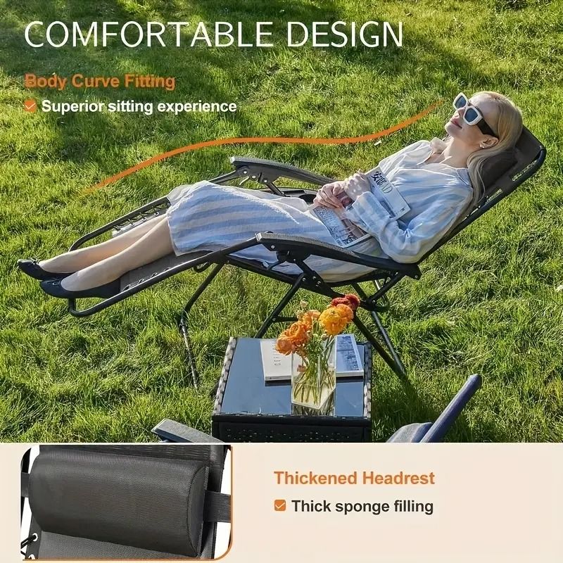 Portable Reclining Lounge Chair for Beach Camping Patio Outdoor Folding Relaxation Chair with Cup Tray and Adjustable Pillow for Poolside Garden Lawn Use