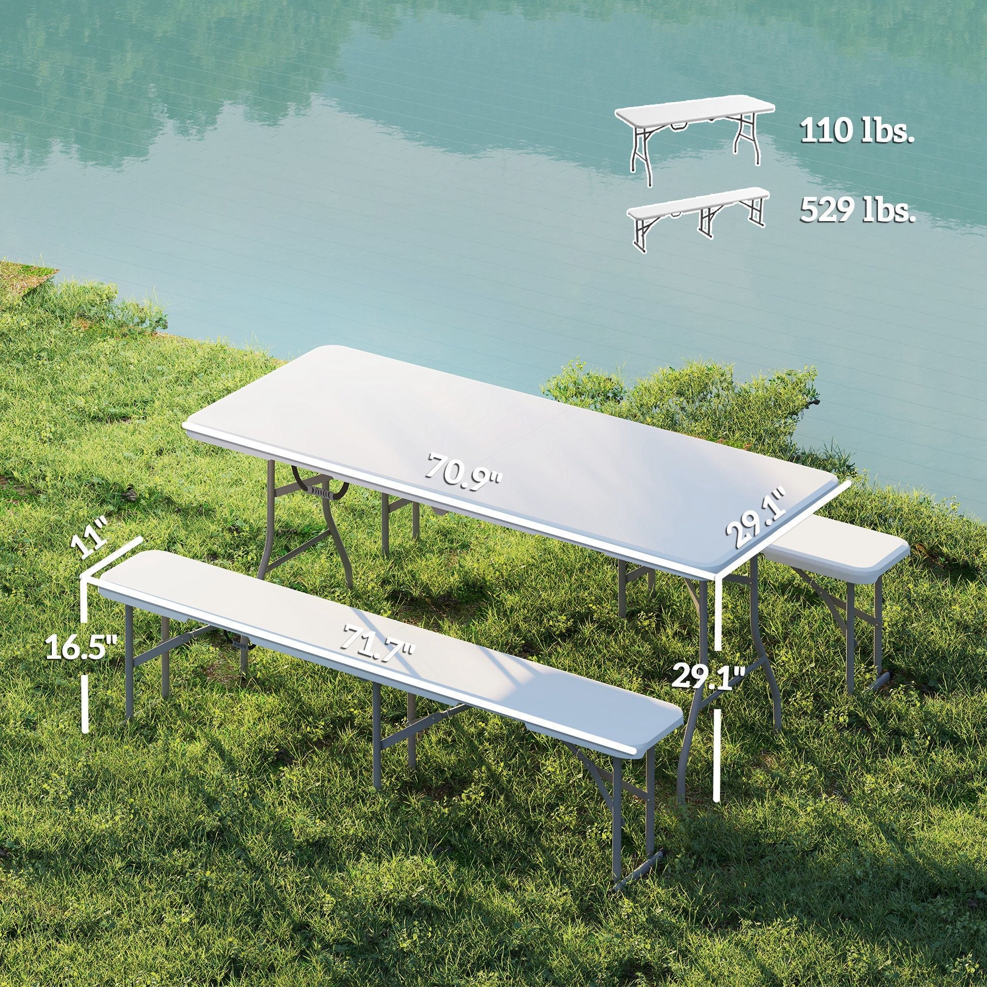 6FT 3 PCS Portable Camping Table and Chairs, Folding Picnic Table Bench Set with Carrying Handles for BBQ, Party, White
