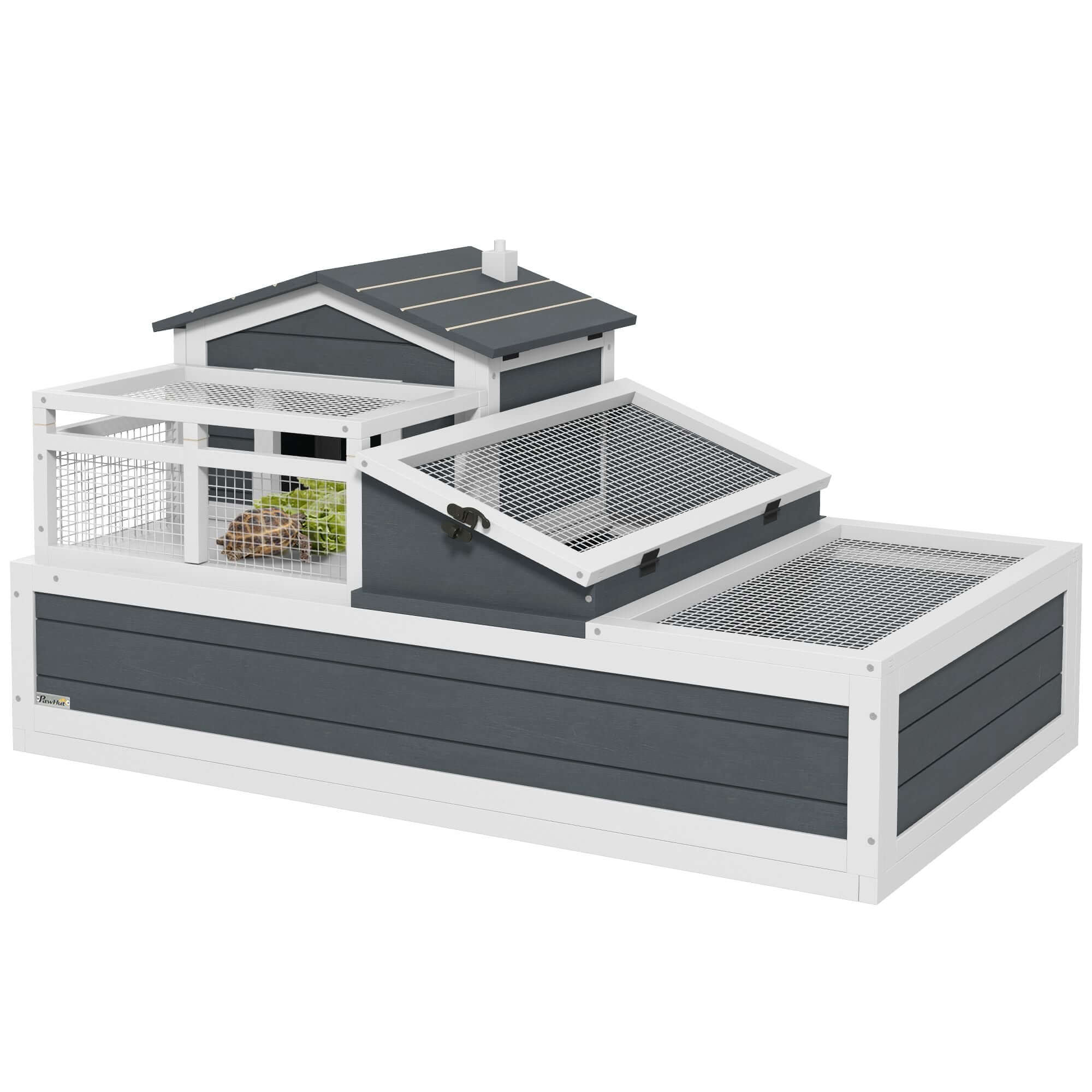PawHut 3-Room Tortoise Habitat, Indoors & Outdoors Wooden Turtle Enclosure w/ Balcony & 2 Stories, 44" x 25.5" x 23", Gray