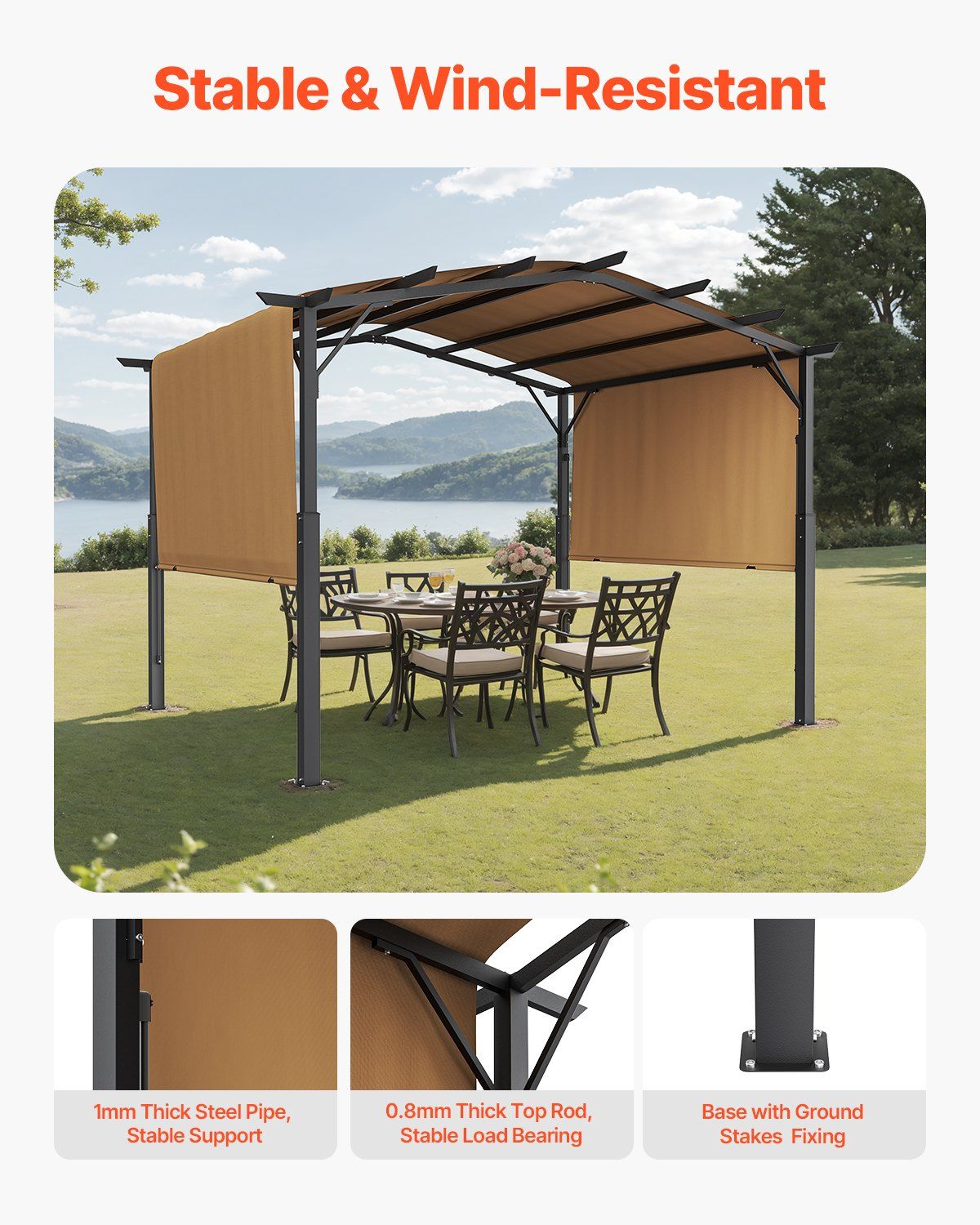 10x10 ft Outdoor Retractable Pergola with Canopy Arched Top Metal Patio Pergola