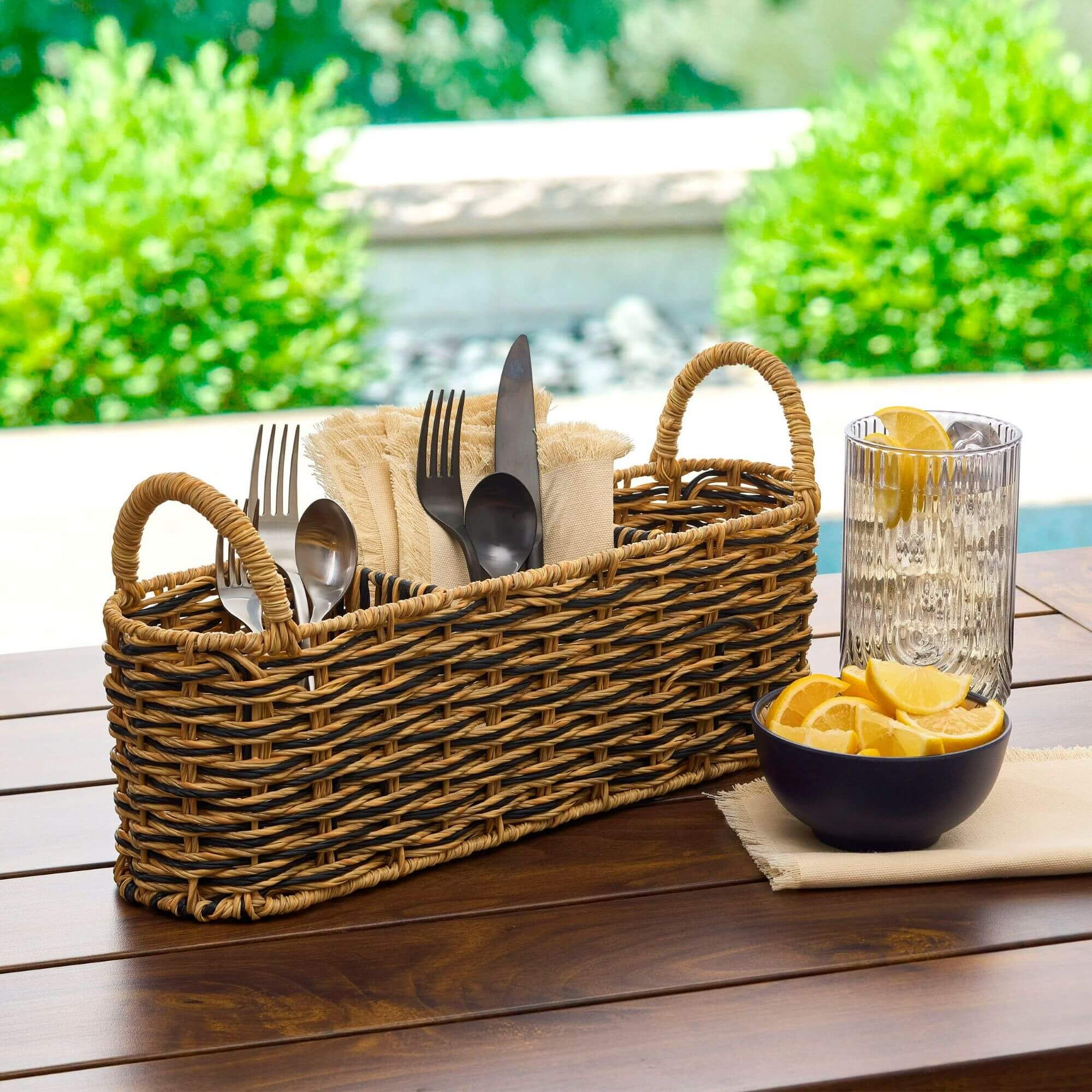 Homes & Gardens Beige & Black Resin Rattan Oval Caddy