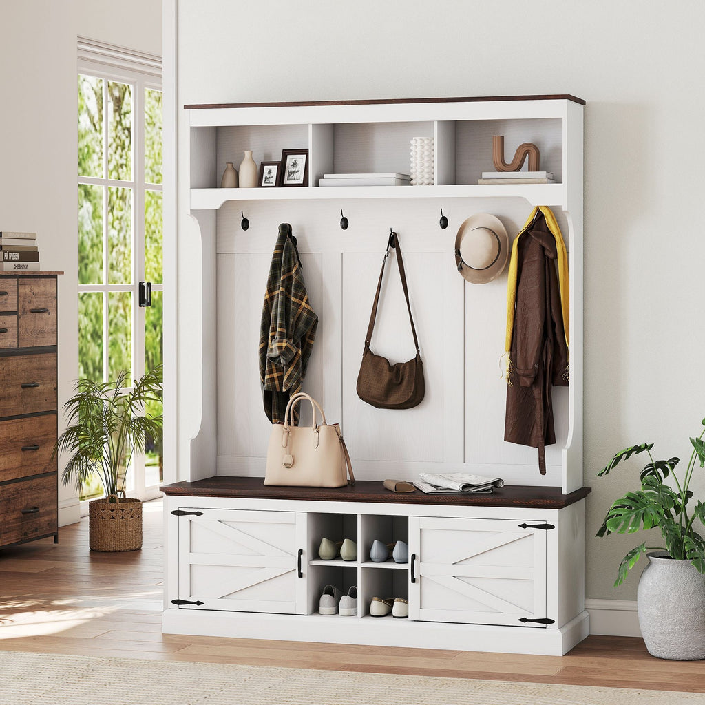 HOMCOM 3-in-1 Hall Tree with Shoe Storage, Coat Rack with Bench, Entryway Furniture with Hooks, White Wood Grain