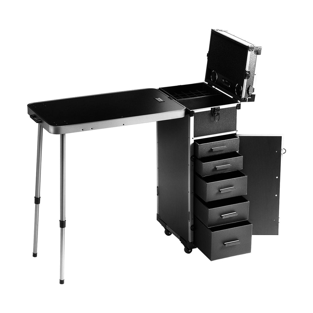 VEVOR Professional Makeup Train Case Aluminum Cosmetic Case, Workbench With Supporting Legs, Rolling Makeup Case Extra Large Trolley Makeup Travel Organizer, with 360° Swivel Wheels, Black