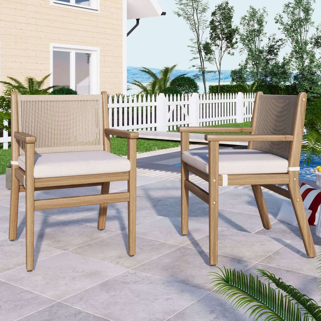 Outdoor Dining Chairs Set of 2, Acacia Wood Patio Armchair with Rope Design Back and Water Repellent Cushion, Light Brown, 400lbs Weight Capacity