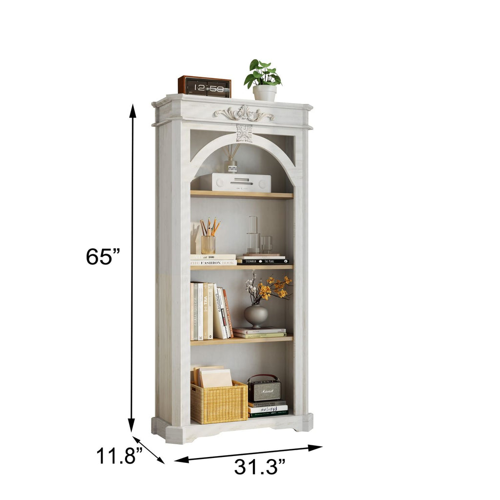 Antique 4 Tiers bookshelf,65 inch tall bookcase,tall floor standing bookcase for Home Office, Living Room, antique white