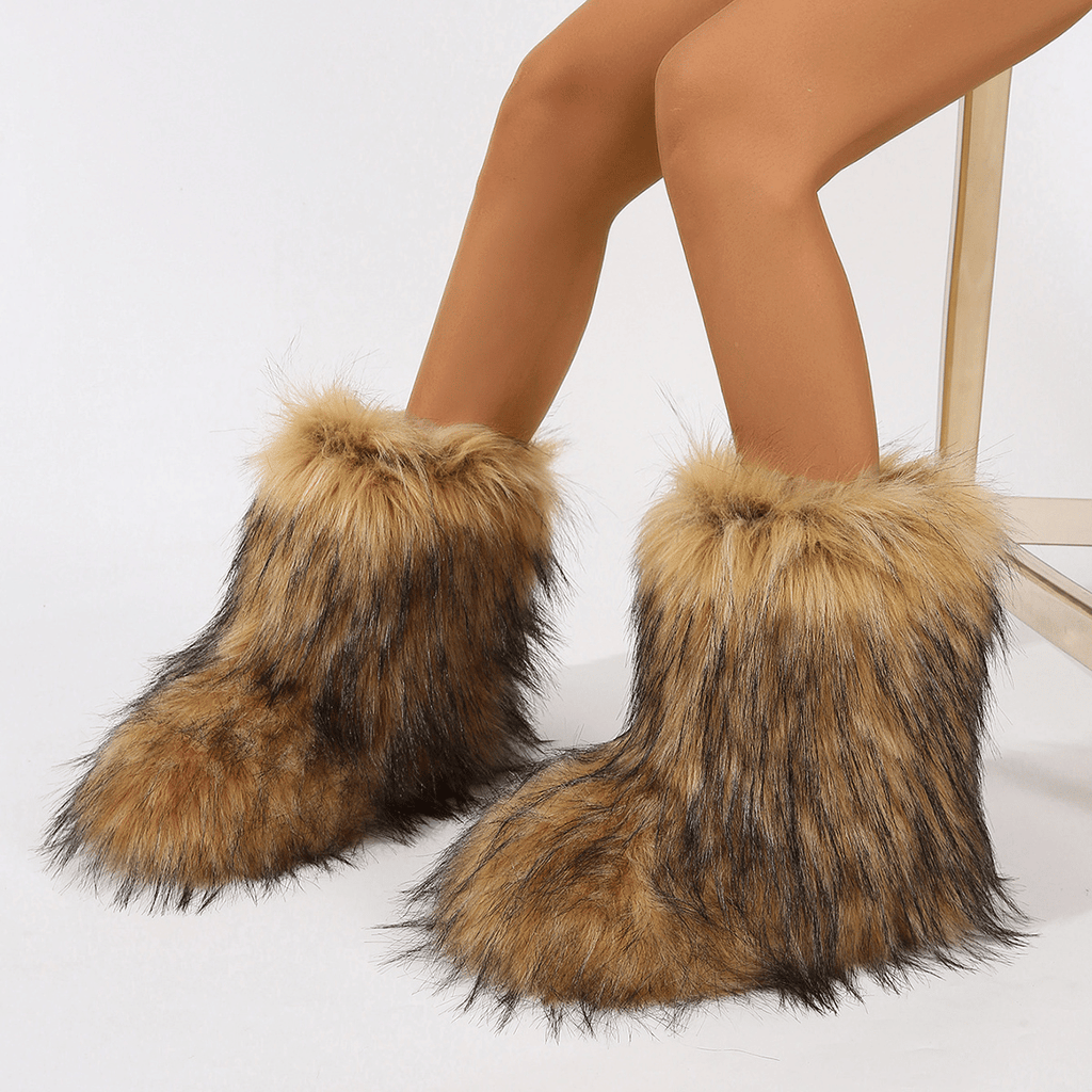 Women's Faux Fur Boot Furry Fluffy Round Toe Suede Winter Comfy Plush Warm Short Outdoor Indoor Flat Shoes Mid-Calf Boots