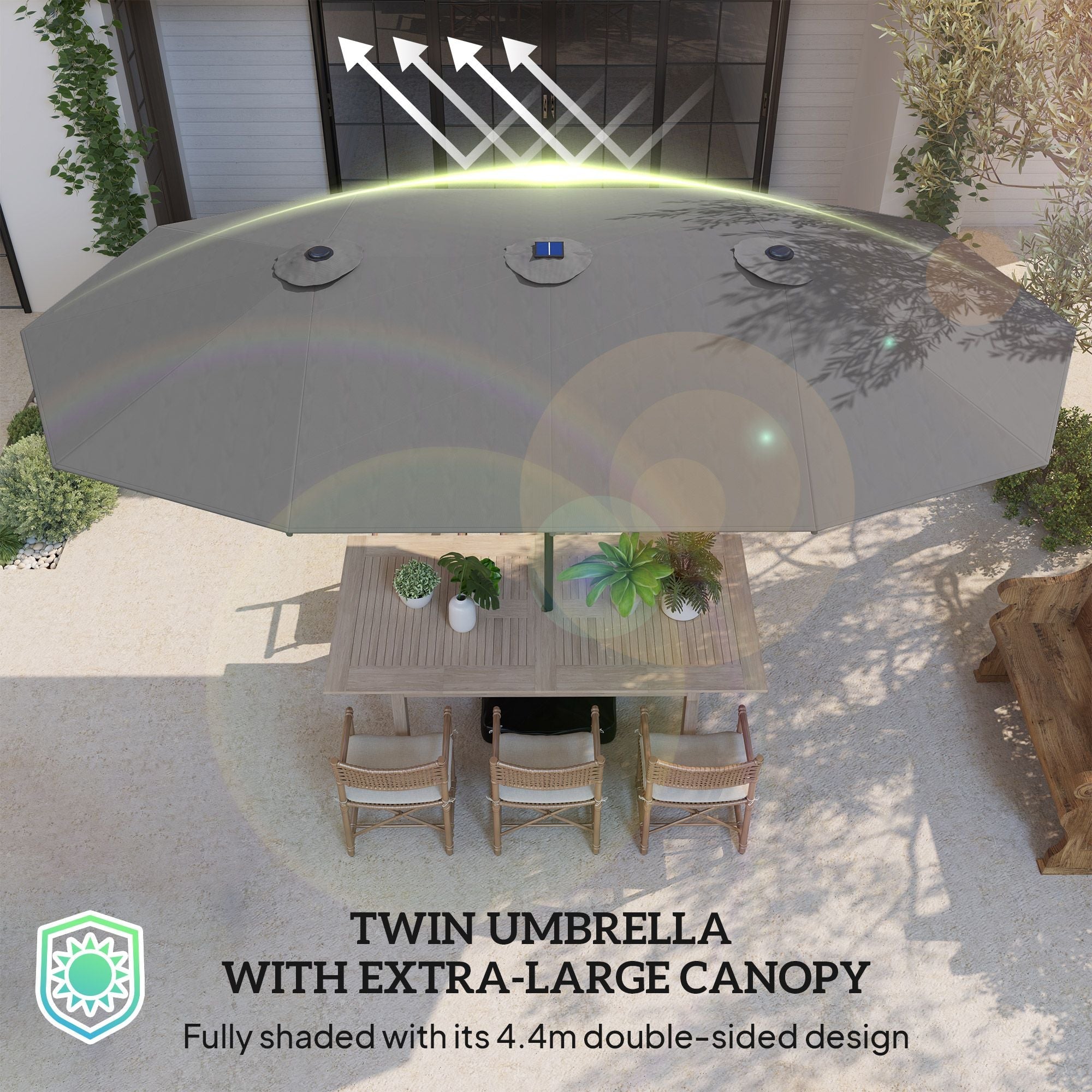 Outsunny Garden Parasol 14.4ft Double-Sided Sun Umbrella with Base, Patio Parasol with LED Solar Lights, Gray