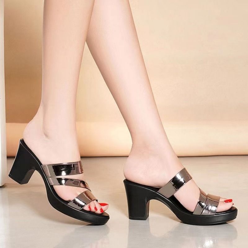 Summer High-heeled Women's Slippers 7cm Thick Heels Bright Skin Fish Mouth All-match Casual Shoes 2024 Luxury Woman Sandals