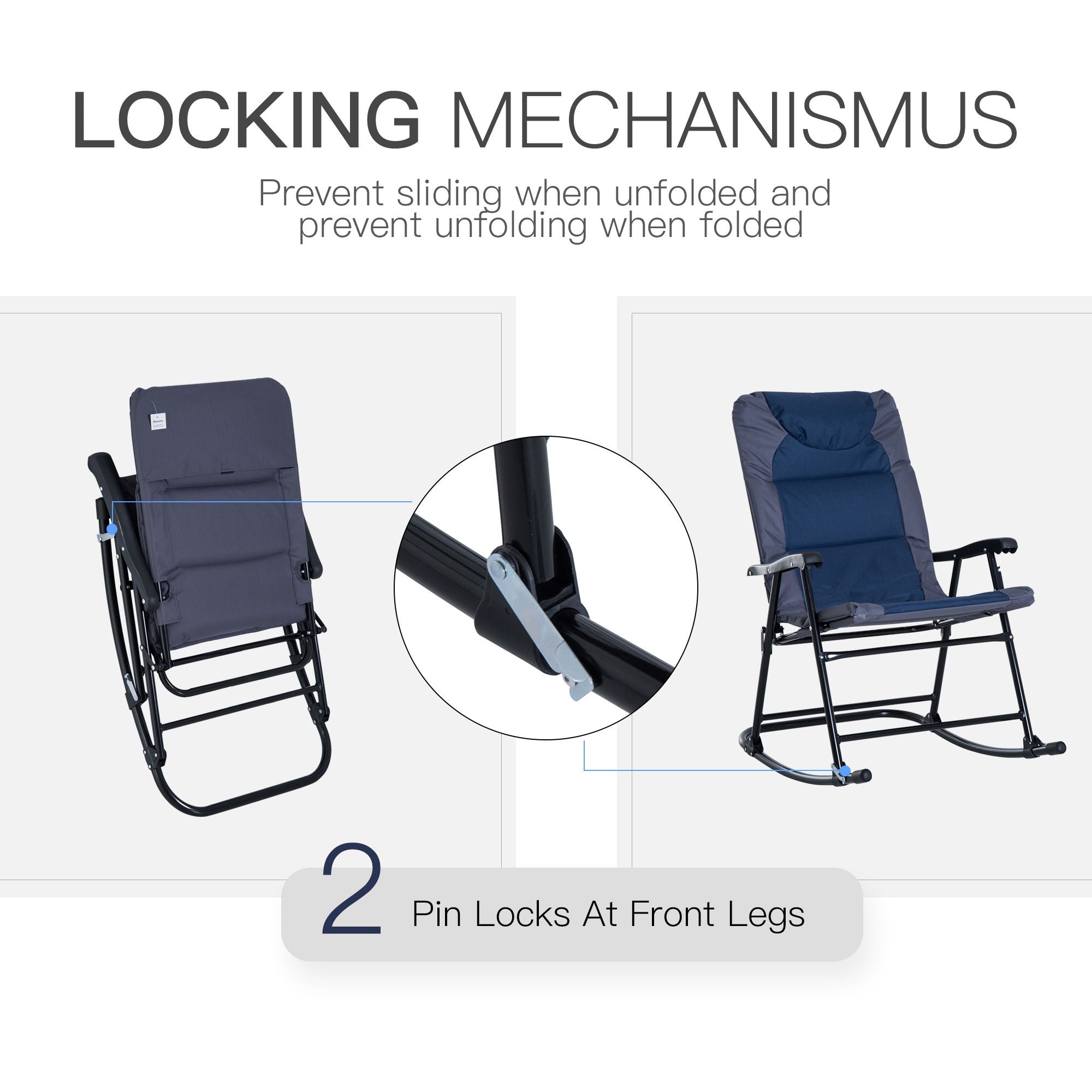Outsunny 2 Piece Outdoor Patio Rocking Chair Set, Armrests, Padded Seat & Backrest, Navy Blue & Gray