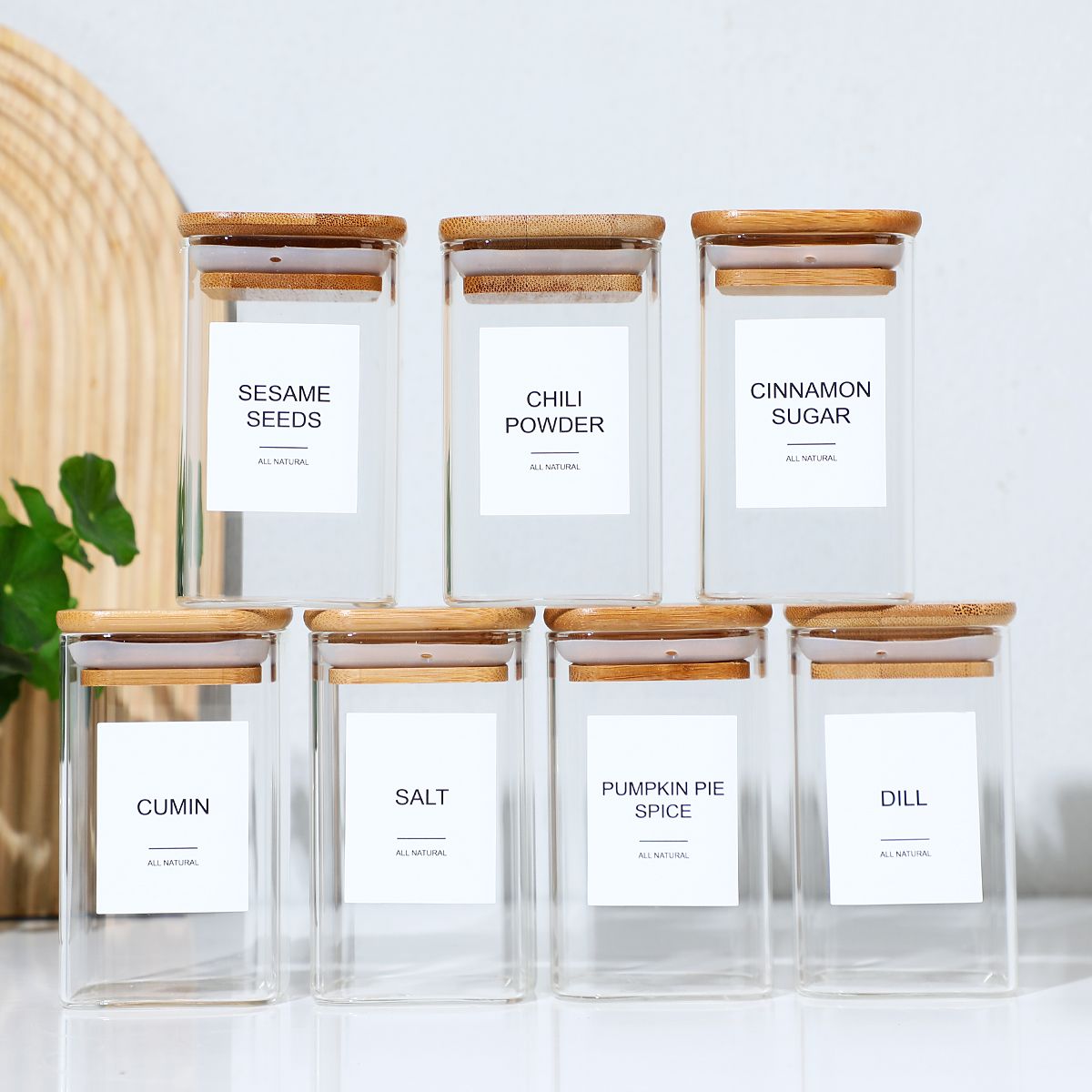 High Borosilicate Glass Spice Jar with Label and Bamboo Lid (24 x 8 Ounces), Spice Container with 72 Printed Labels and 20 Handwritten Labels, Empty Square Seasoning