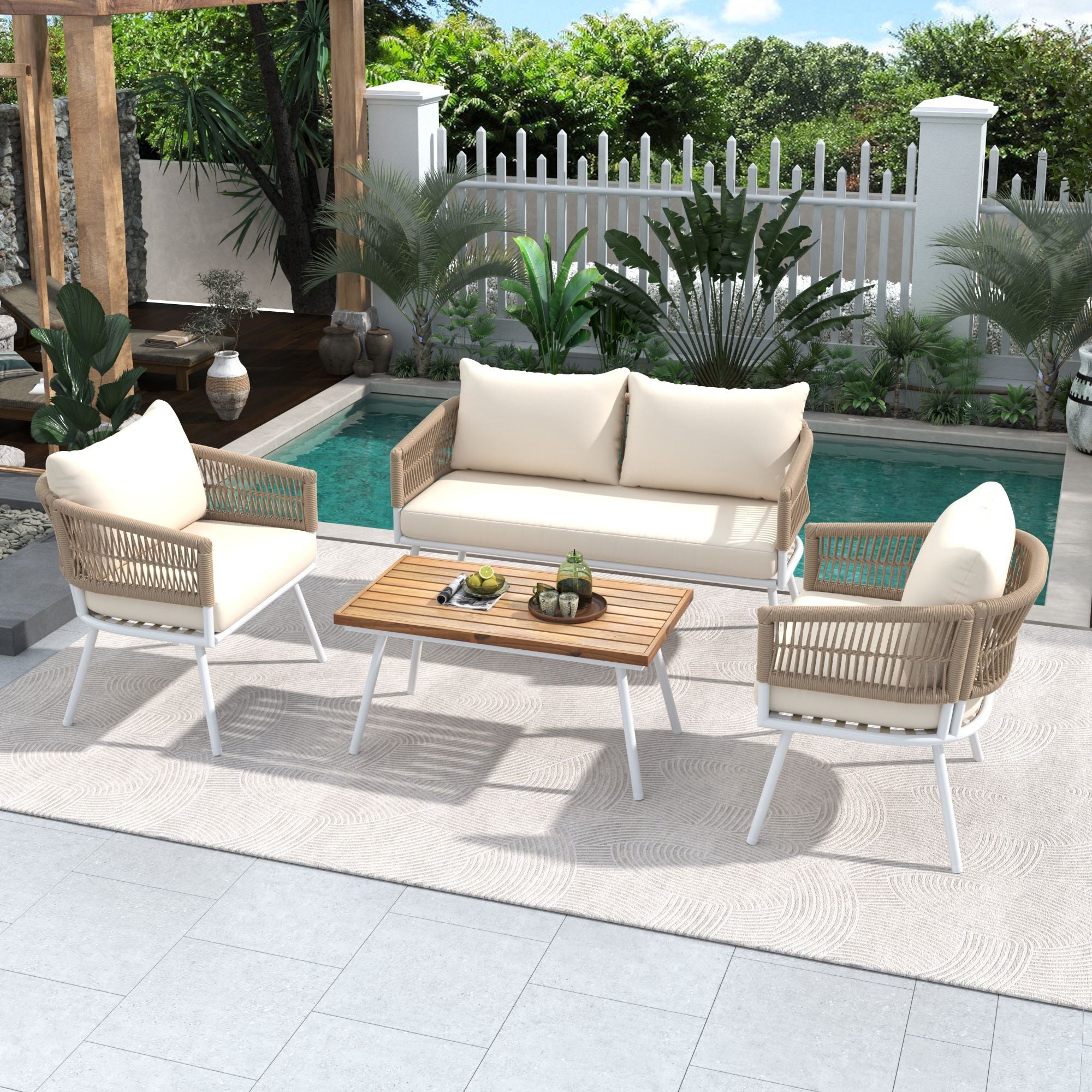 4-Piece Patio Furniture Set, Outdoor Furniture with Acacia Wood Table, Patio Conversation Set with Deep Seating & Thick Cushion for Backyard Porch Balcony