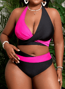 Women's Plus Size Swimsuit Color Block Halter Criss Cross Bikini Sets Two Piece Bathing Suit