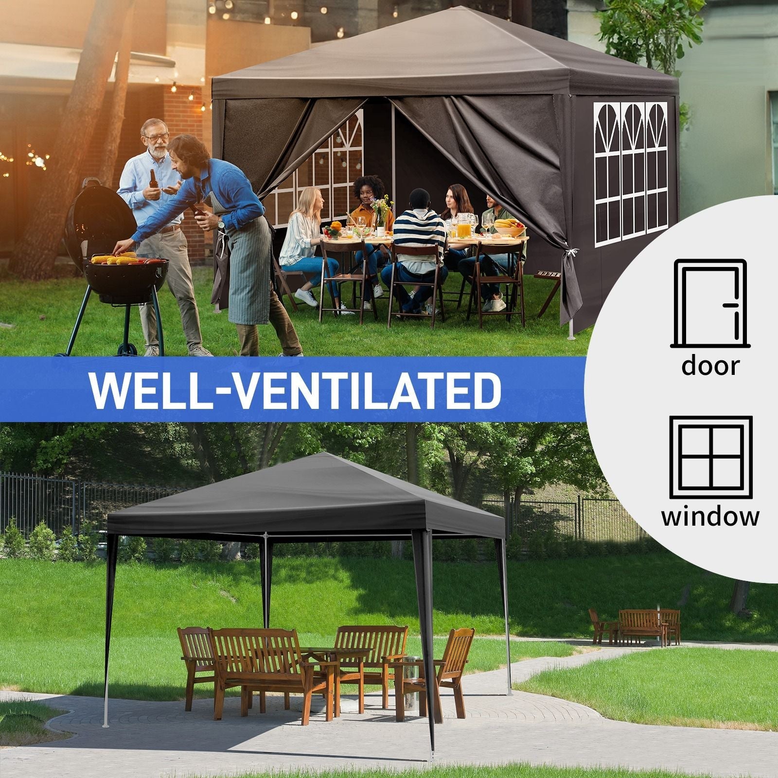 10x10 Feet Black Outdoor Pergola - Durable iron pipe frame and waterproof PE fabric portable and easy to install perfect for patio vacations festivals and parties