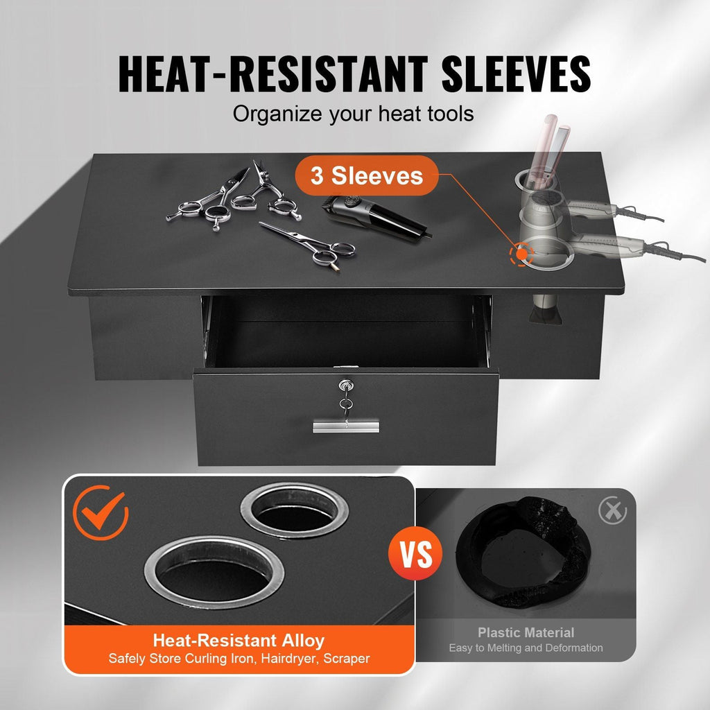 VEVOR Wall-Mounted Salon Workstation, Equipped with 3 Holders for Hair Dryers, Secure Drawer with Lock, Ideal for SPA, Hairdressing Salons, Home & Bathroom Use, in Sleek Black