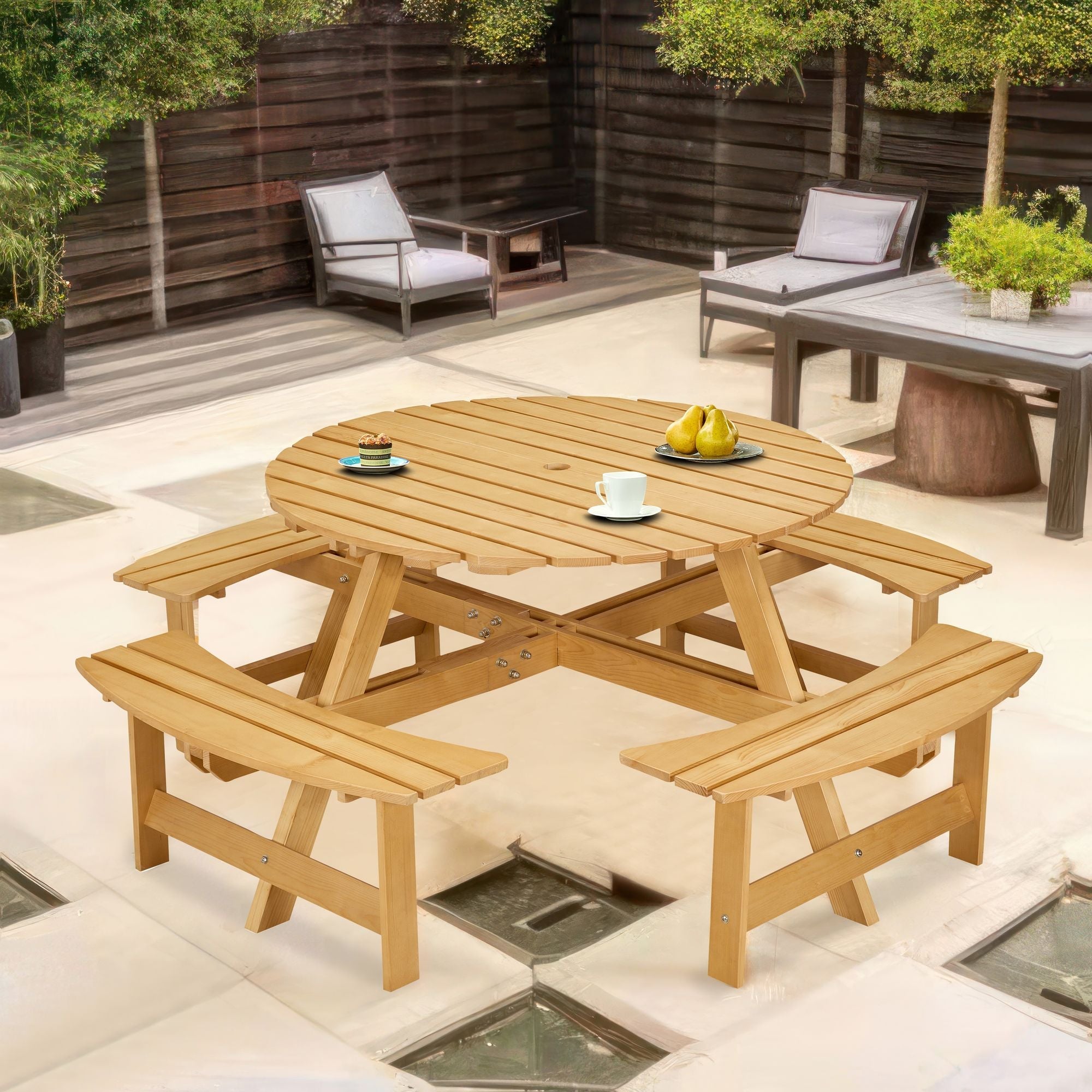 Outdoor 6 Person Picnic Table, 6 person Round Picnic Table with 3 Built-in Benches, Umbrella Hole, Outside Table and Bench Set for Garden, Backyard, Porch, Patio, Natural
