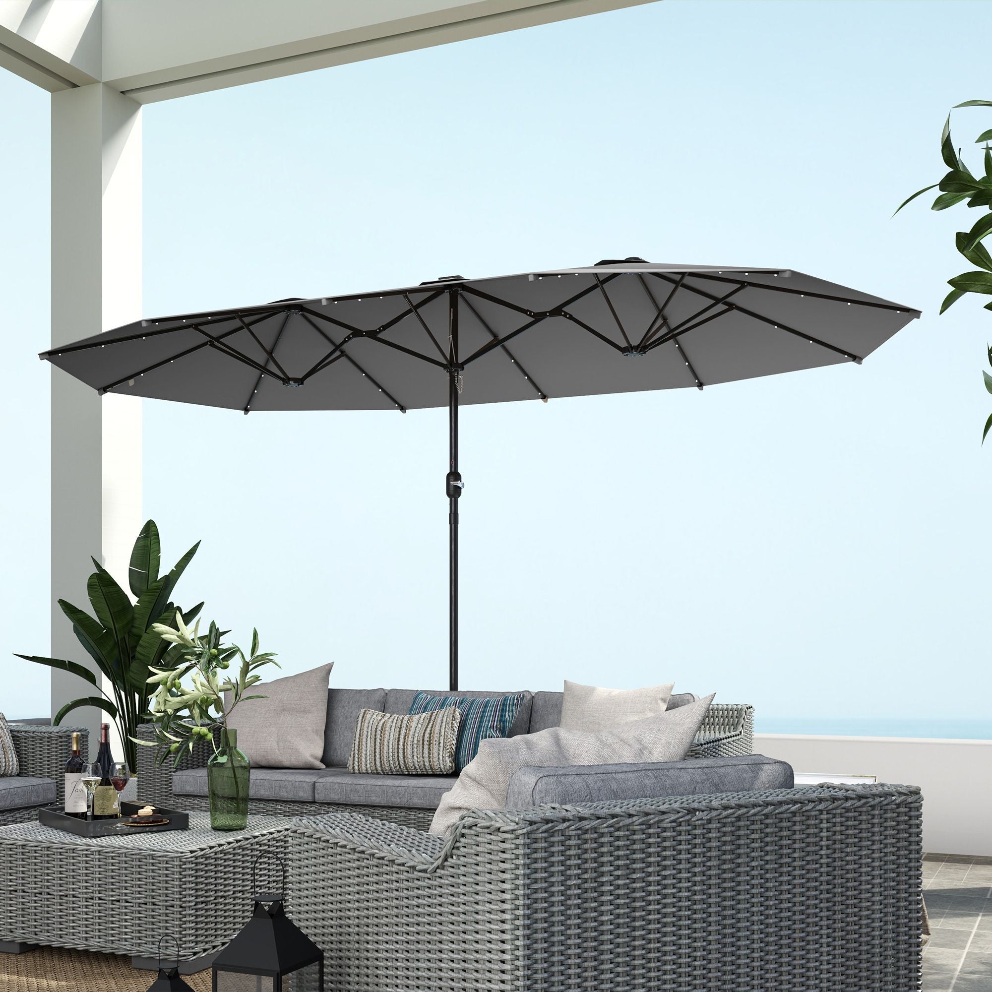 Outsunny Garden Parasol 14.4ft Double-Sided Sun Umbrella with Base, Patio Parasol with LED Solar Lights, Gray